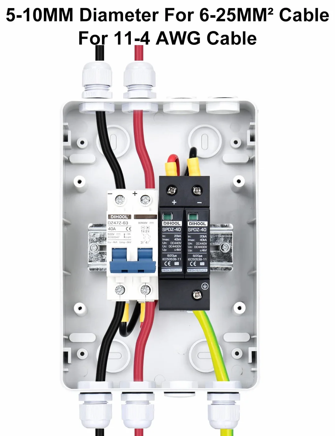 Ochrona przed przepięciem PV DC odłącznik odgromowy wyłącznik nadprądowy 500 V DC 2-biegunowy 40 A 20-40 KA, ochrona przed przepięciem słonecznym do fotowoltaiki, wodoszczelność IP65