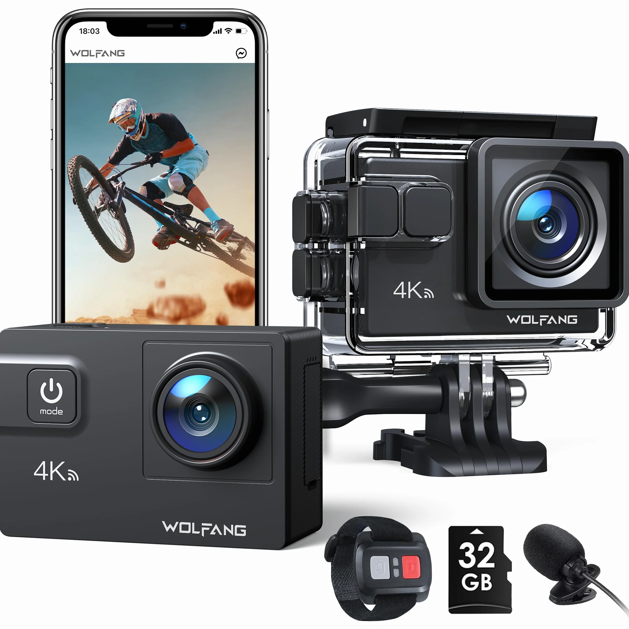 WOLFANG GA300 Kamera Sportowa 4K, Wodoodporna 40m z Kartą 32GB, WiFi 60FPS 24MP, Zoom 8x + Szeroki Kąt 170° EIS, Pilot 2.4G, Ekran Dotykowy, 2x Bateria 1350mAh