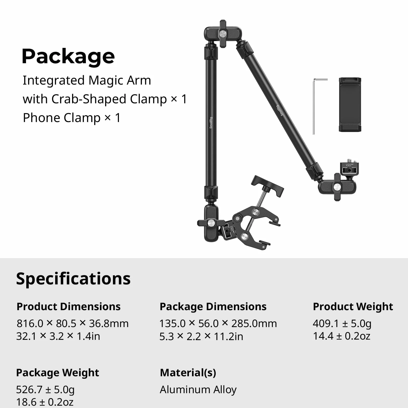 SMALLRIG Ramię Magic Arm 22,4" z zaciskiem Super Clamp, uchwyt na telefon nad głową, elastyczny uchwyt na biurko ze śrubą 1/4" i zaciskiem kablowym, maks. obciążenie 2,2 funta, do iPhone'a - 5625