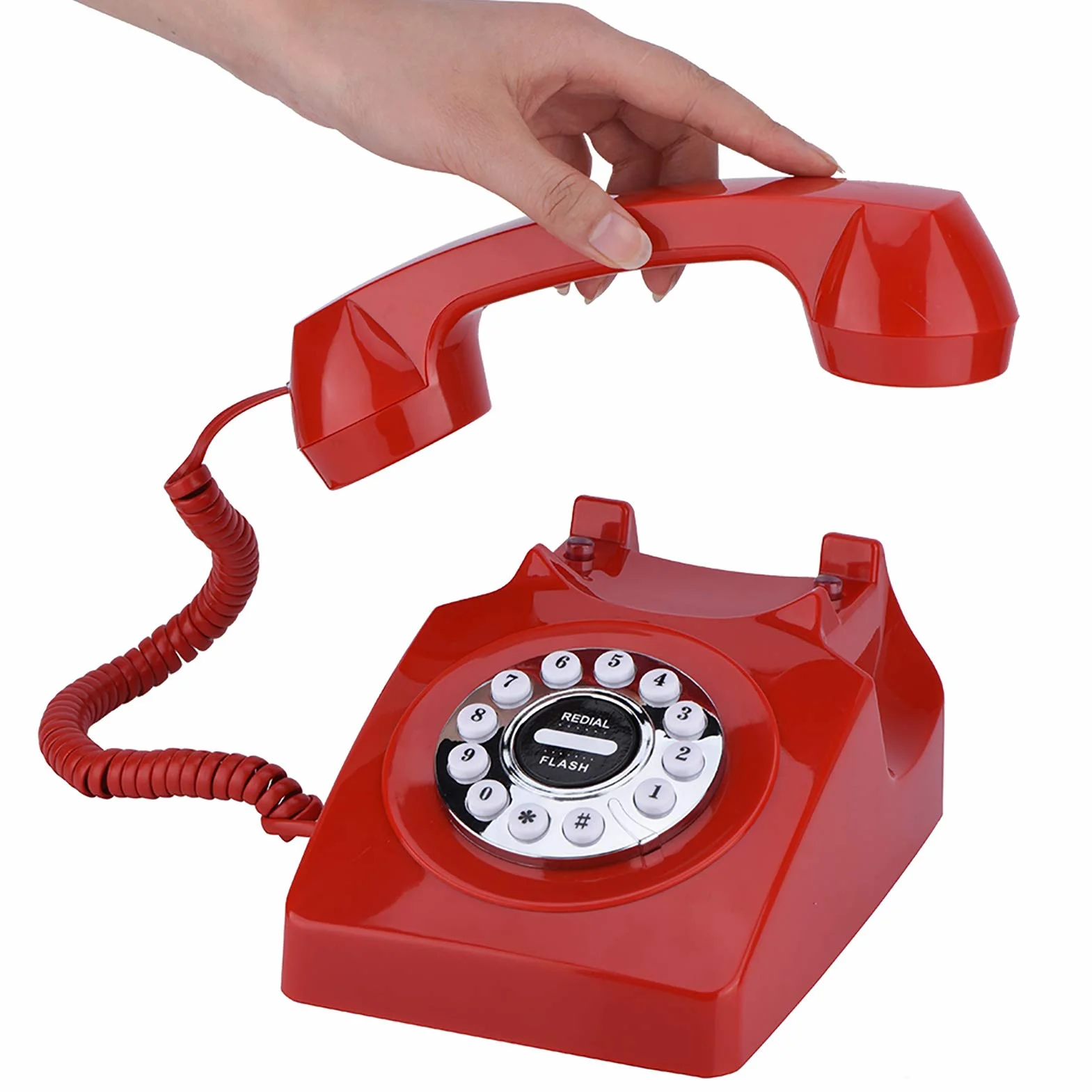 ASHATA Retro Telefon Vintage Przewodowy Analogowy Stacjonarny Klasyczny z Tarczą Obrotową Czerwony