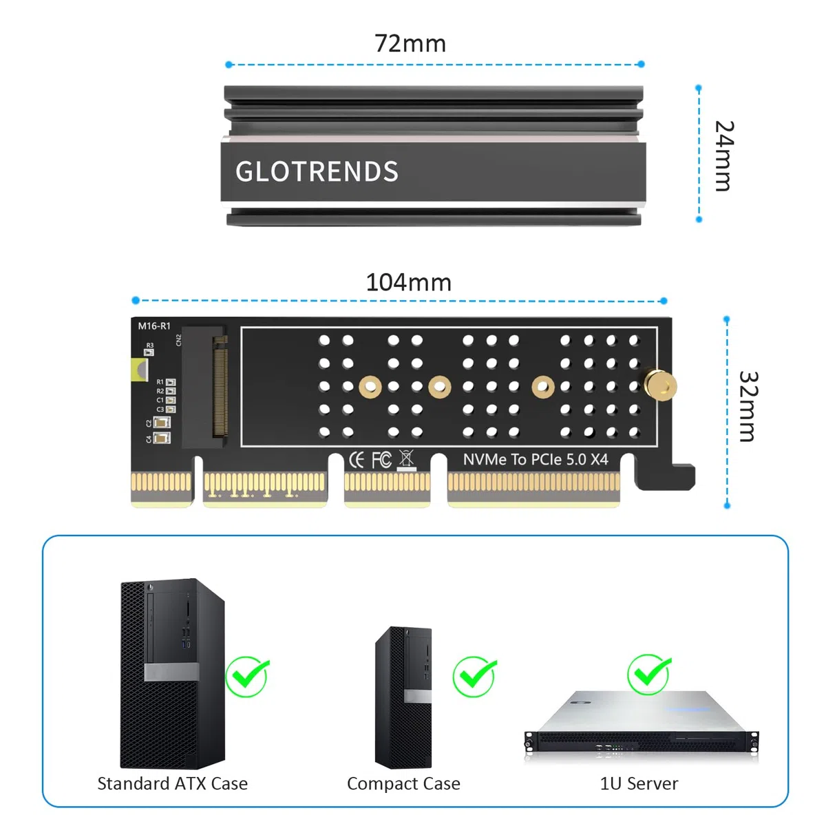 GLOTRENDS PA19-1U adapter M.2 NVMe na PCIe 5.0 X4 bez uchwytu do instalacji serwera PC 1U, aluminiowa osłona radiatora