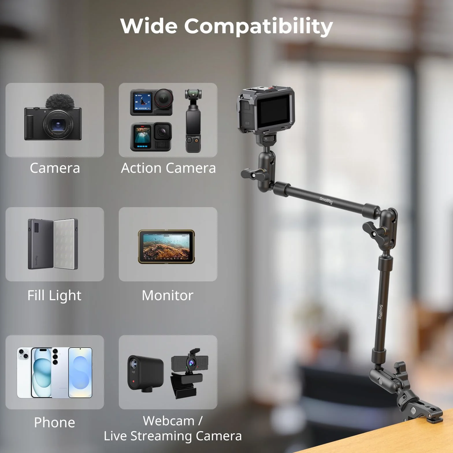 SMALLRIG 22" Magic Arm w Clamp, Overhead Phone Mount, Elastyczny Uchwyt i Zacisk do Kamery, Przegubowe Ramię Wysięgnika z Adapterem Gwintowanym - 4766