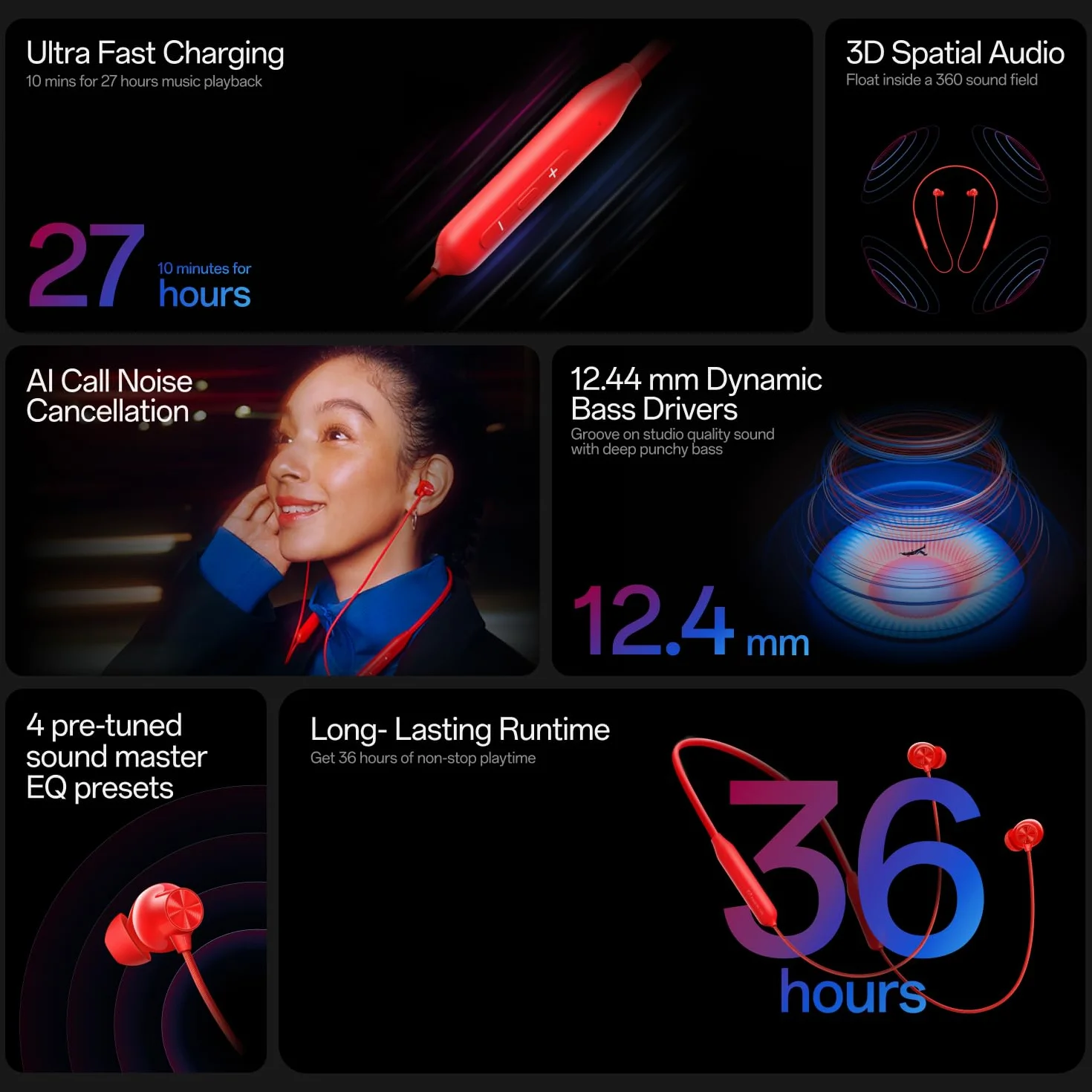 OnePlus Bullets Wireless Z3 Bluetooth 12.7 cm słuchawki douszne, dźwięk przestrzenny – sterowniki 12,4 mm, żywotność baterii 36 godzin (Mambo Midnight)