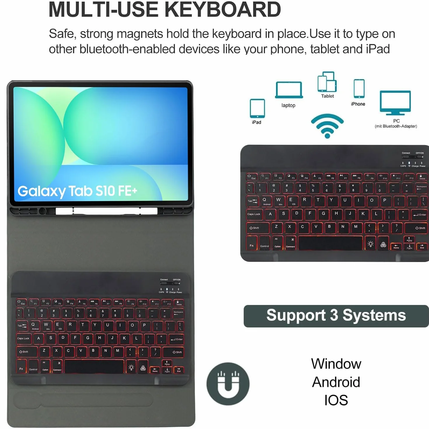 Keyboard Case do Samsung Galaxy Tab S10 FE+ Plus 13,1 cala 2025 (SM-X620/X626), podświetlana Bluetooth klawiatura, czarny