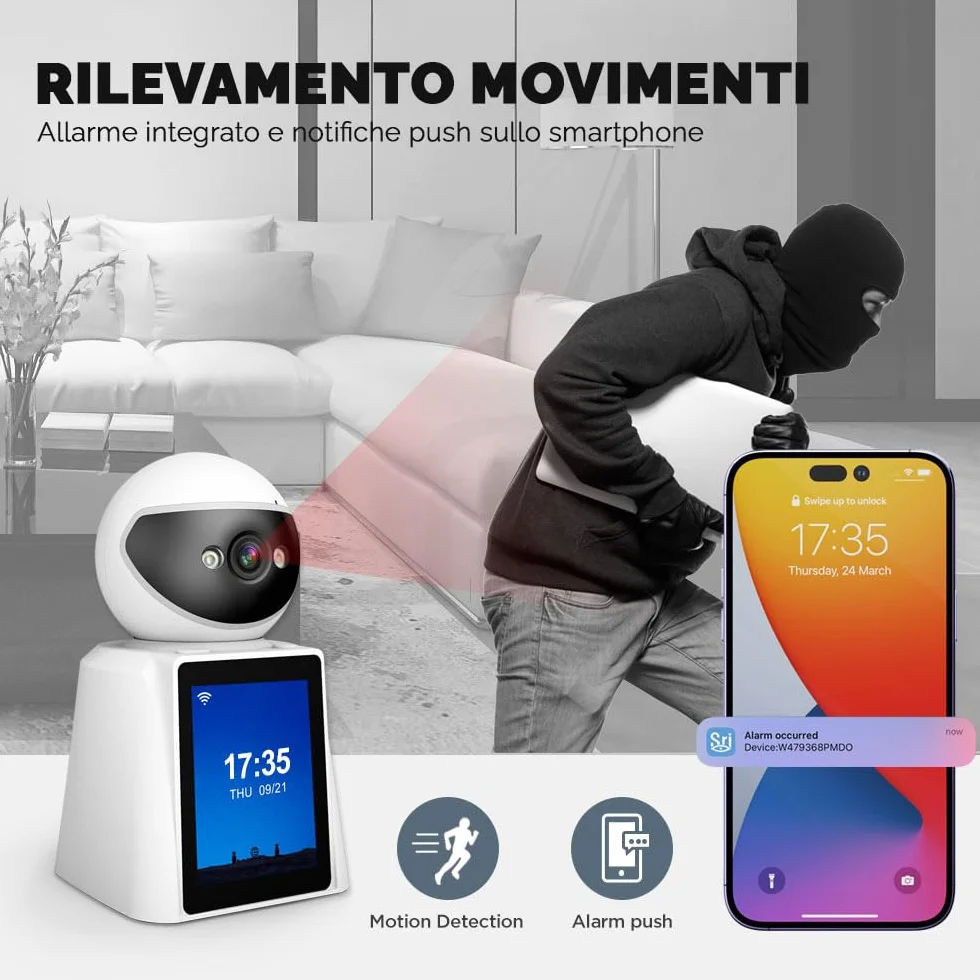 Kamera bezpieczeństwa HD 2,8" z dwukierunkową rozmową wideo, detekcją człowieka, podczerwienią, panoramiczna