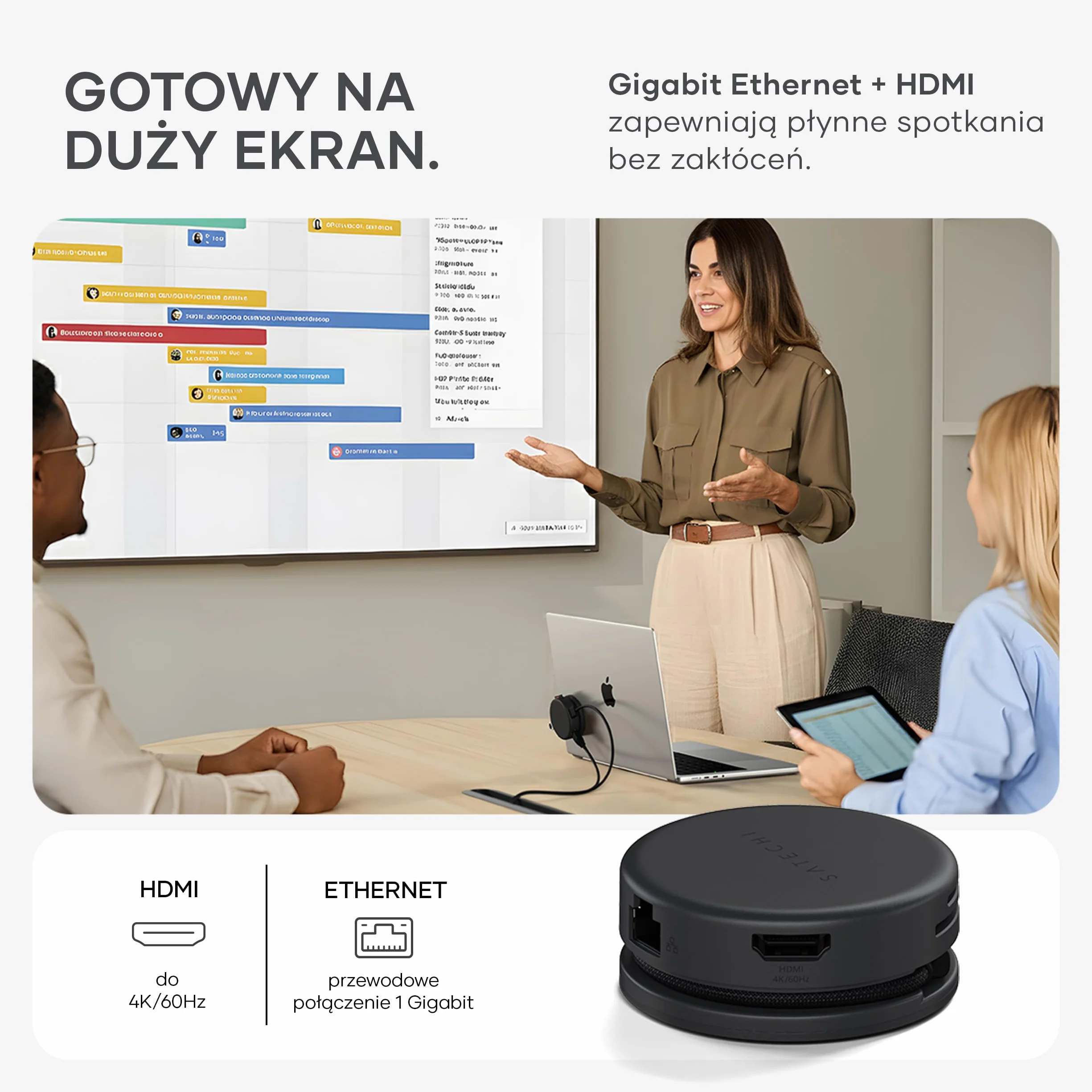 SATECHI OntheGo Hub USB-C 7 w 1, Kompaktowy Magnetyczny Adapter Wieloportowy 100W PD, HDMI 4K/60Hz, Gigabit Ethernet, 2×USB-A, Czytnik SD/microSD, Czarny Kosmiczny