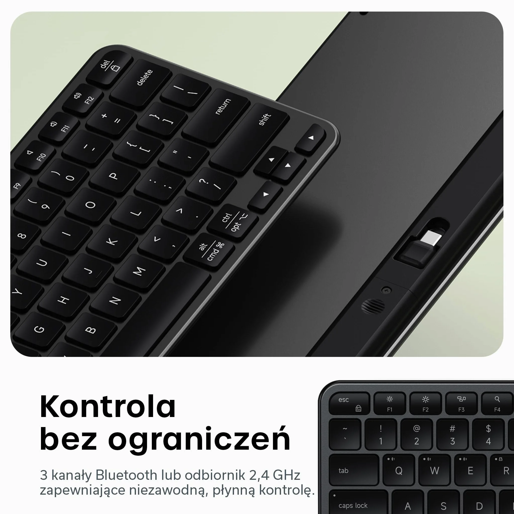 SATECHI Slim EX1 Klawiatura Bezprzewodowa, 𝗨𝗦 𝗤𝗪𝗘𝗥𝗧𝗬 𝗟𝗮𝘆𝗼𝘂𝘁, Kompaktowa do Mac, Windows i Android, 4 w 1 (Bluetooth + 2.4GHz), Szybki OS Remap, Akumulator USB-C – Czarna