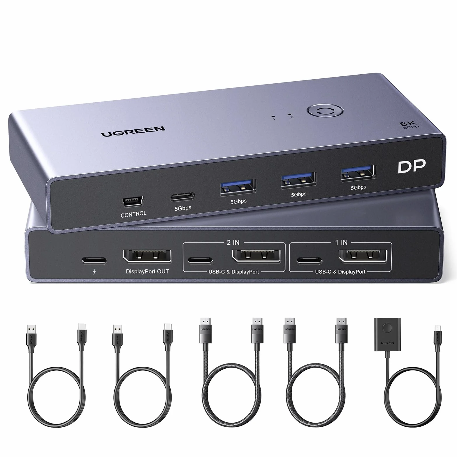 UGREEN Przełącznik 8K 60 Hz Displayport KVM, przełącznik DP 1.4 KVM, przełącznik KVM 2 pc 1 monitor, 4K 240 Hz, 4 porty USB, przełącznik KVM USB C, 4 porty USB przełącznik klawiatury, myszy, dysku