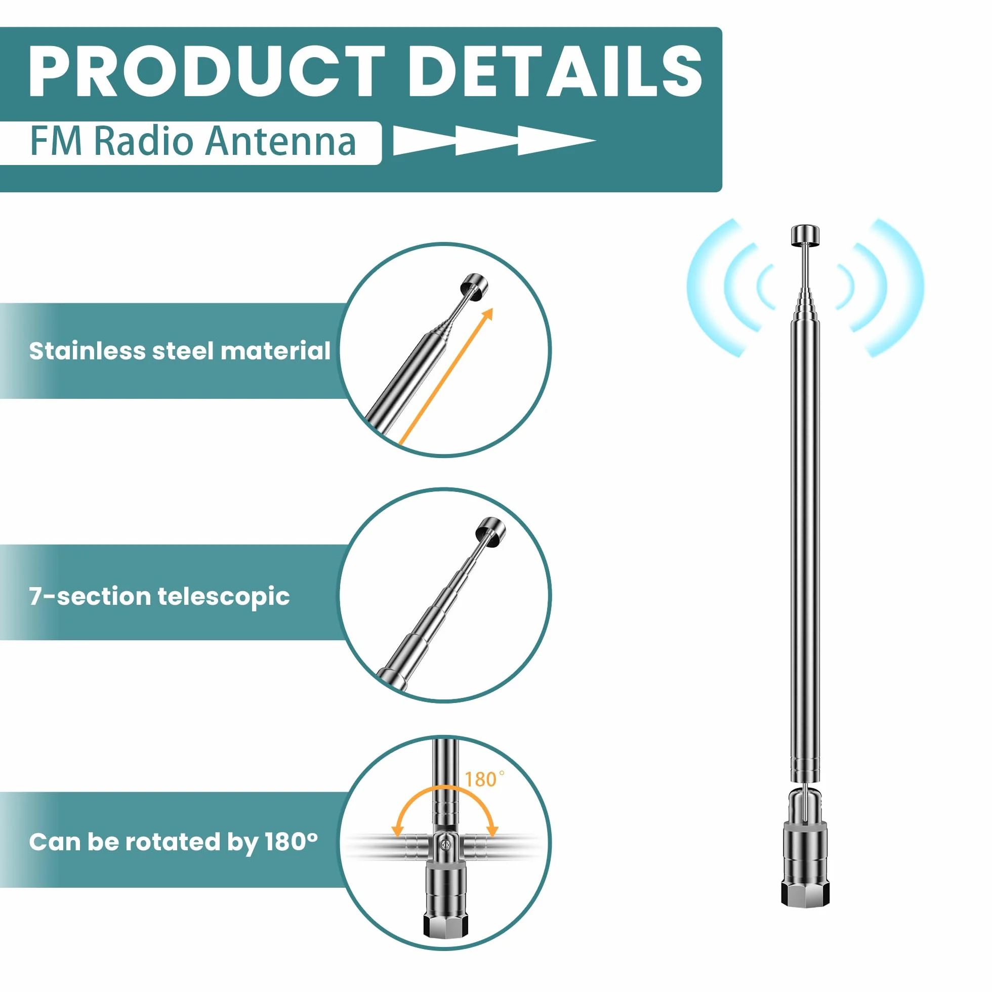 TUOLNK Antena FM do Hifi, antena radiowa Dab 75 omów, teleskopowa antena telewizyjna, wewnętrzne złącze typu F z 3 szt. typu F do telewizora, adaptery męskie F do 3,5 mm do mini radia systemowego