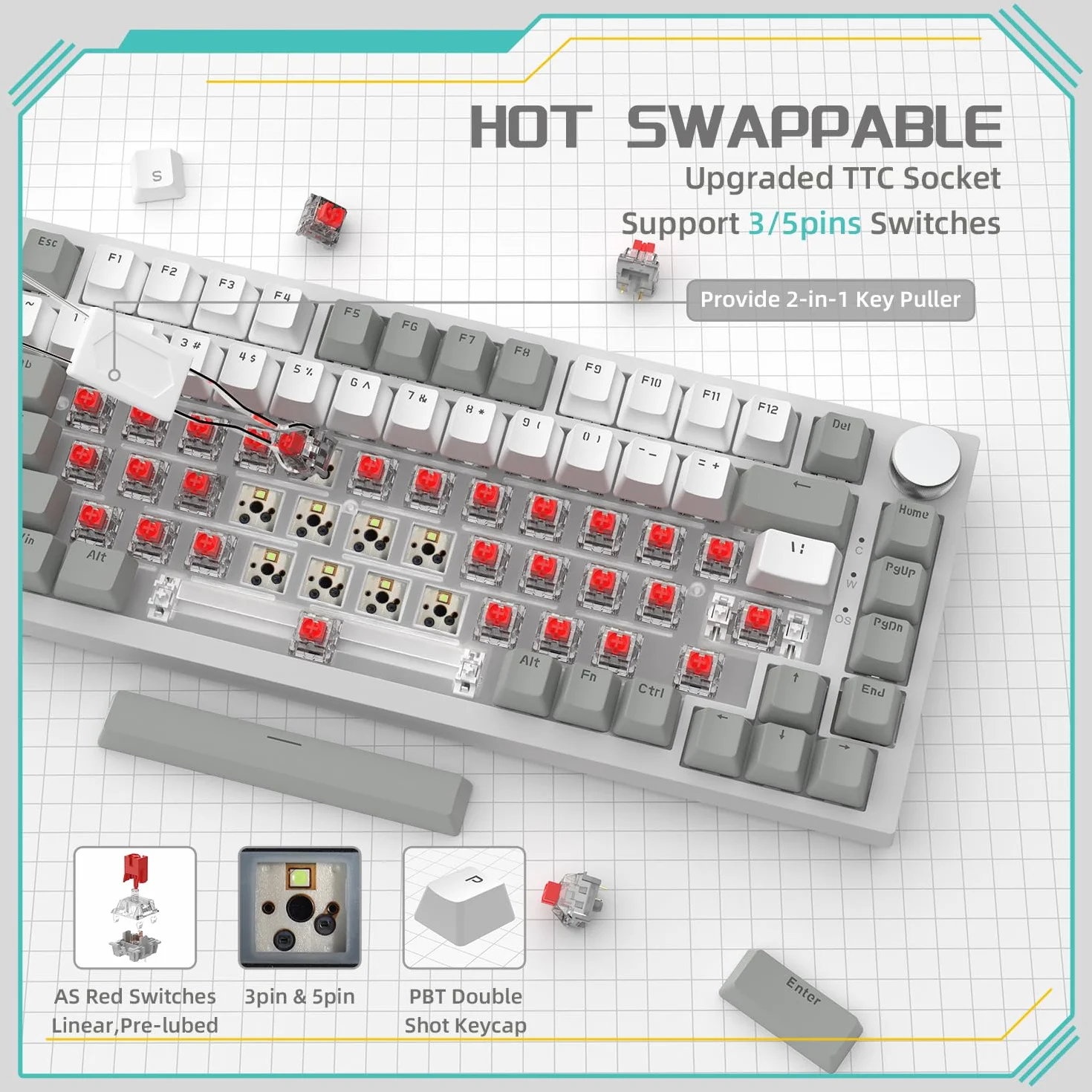 Ajazz AK820 Klawiatura Mechaniczna 75% 81 Keys Przewodowa Hot-swap Przełącznik Liniowy Białe Światło Szary Biały