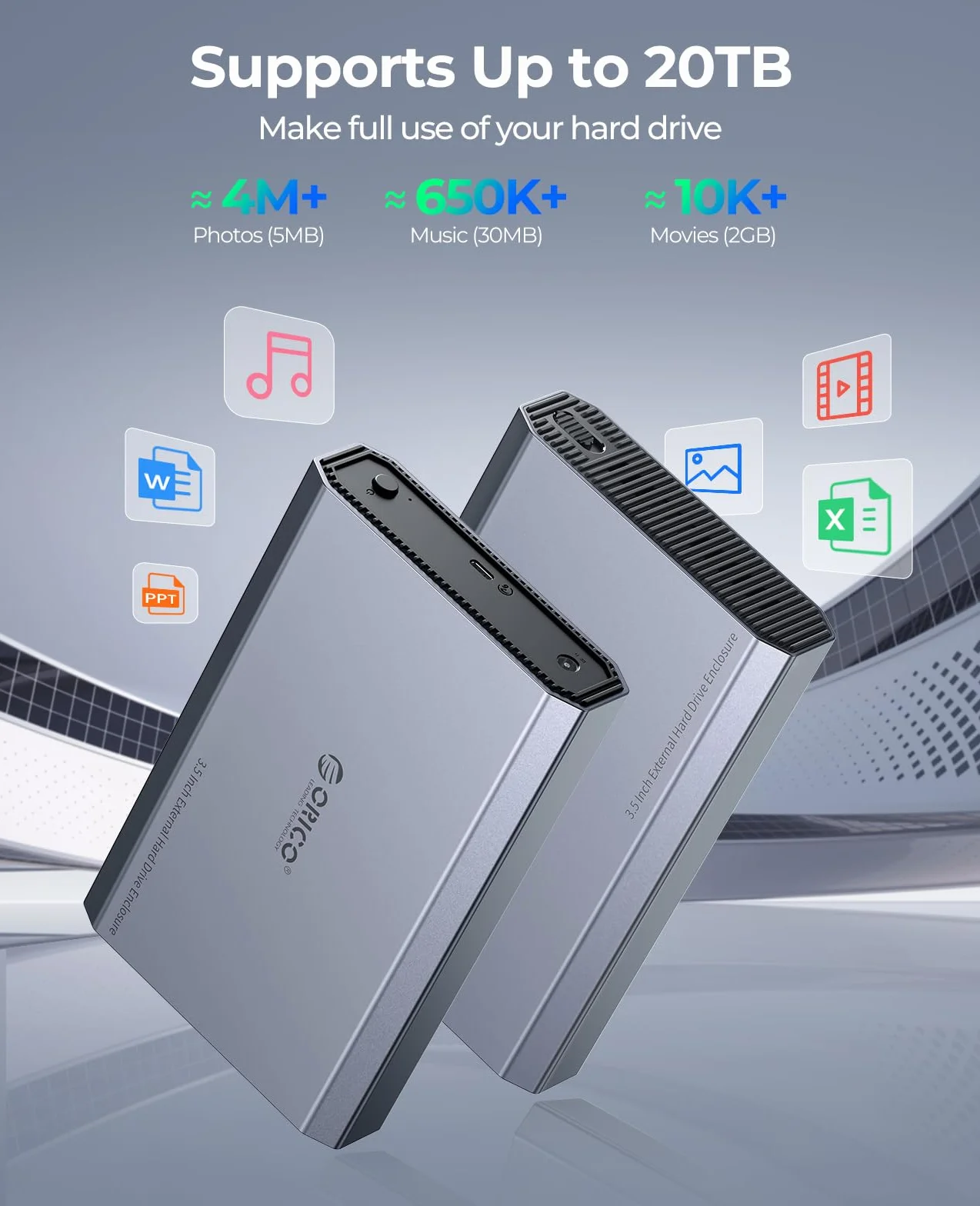 ORICO Aluminiowa obudowa dysku twardego 3,5 cala USB C 3.2 6 Gbps zewnętrzna HDD SATA SSD 20 TB
