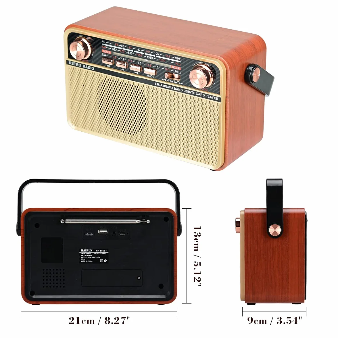 Radio retro AM/SW/FM przenośne Bluetooth USB TF AUX wbudowany głośnik brązowy