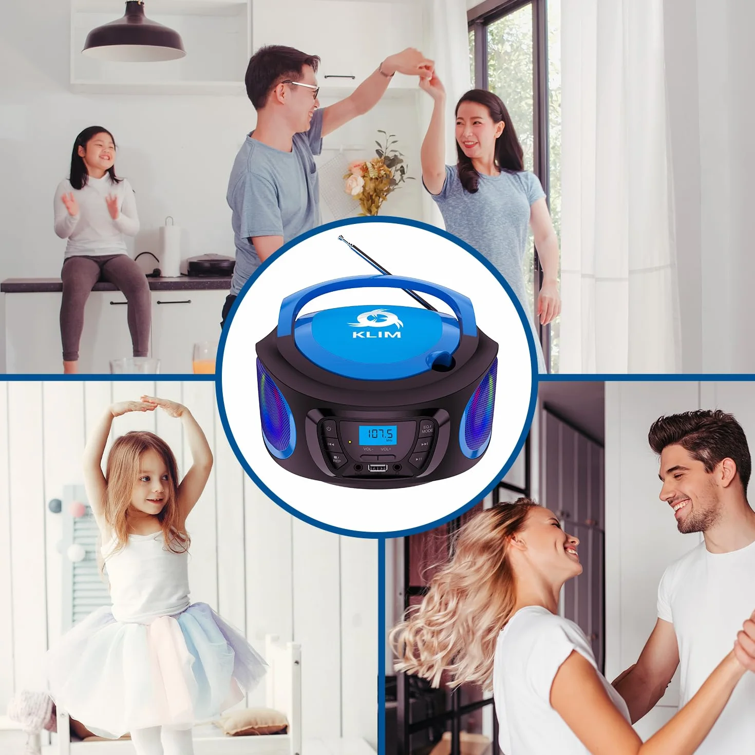 KLIM Boombox Radio CD. Radio FM, CD Bluetooth, MP3, USB, AUX + baterie do ładowania, tryby przewodowe i bezprzewodowe + kompaktowy i wytrzymały + nowa wersja 2022 + niebieski