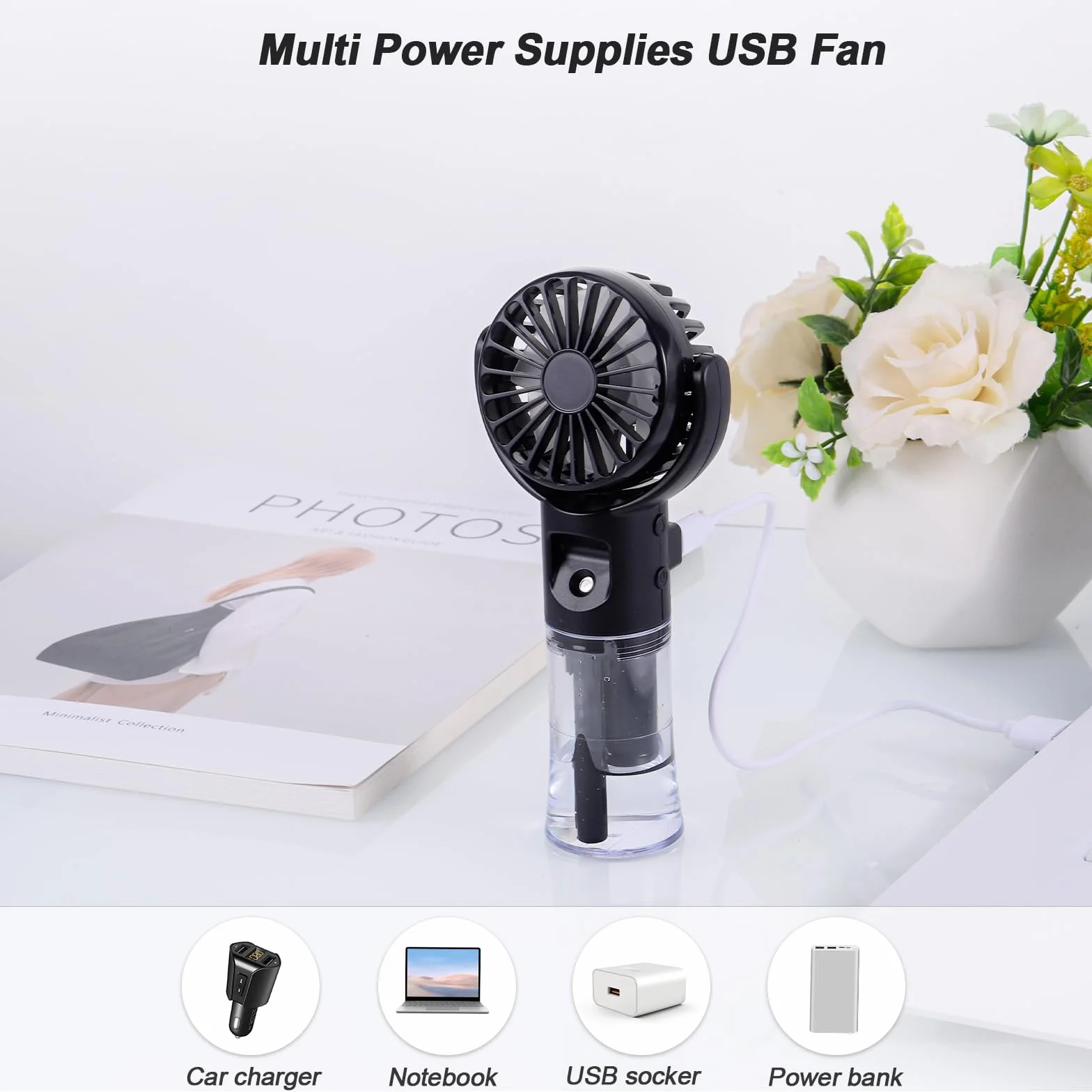 Starvortex Przenośny wentylator mgiełkowy, przenośny mini wentylator z możliwością ładowania, 4-biegowy przenośny wentylator, przenośny wentylator USB, akcesoria podróżne, do biura na kemping (czarny)