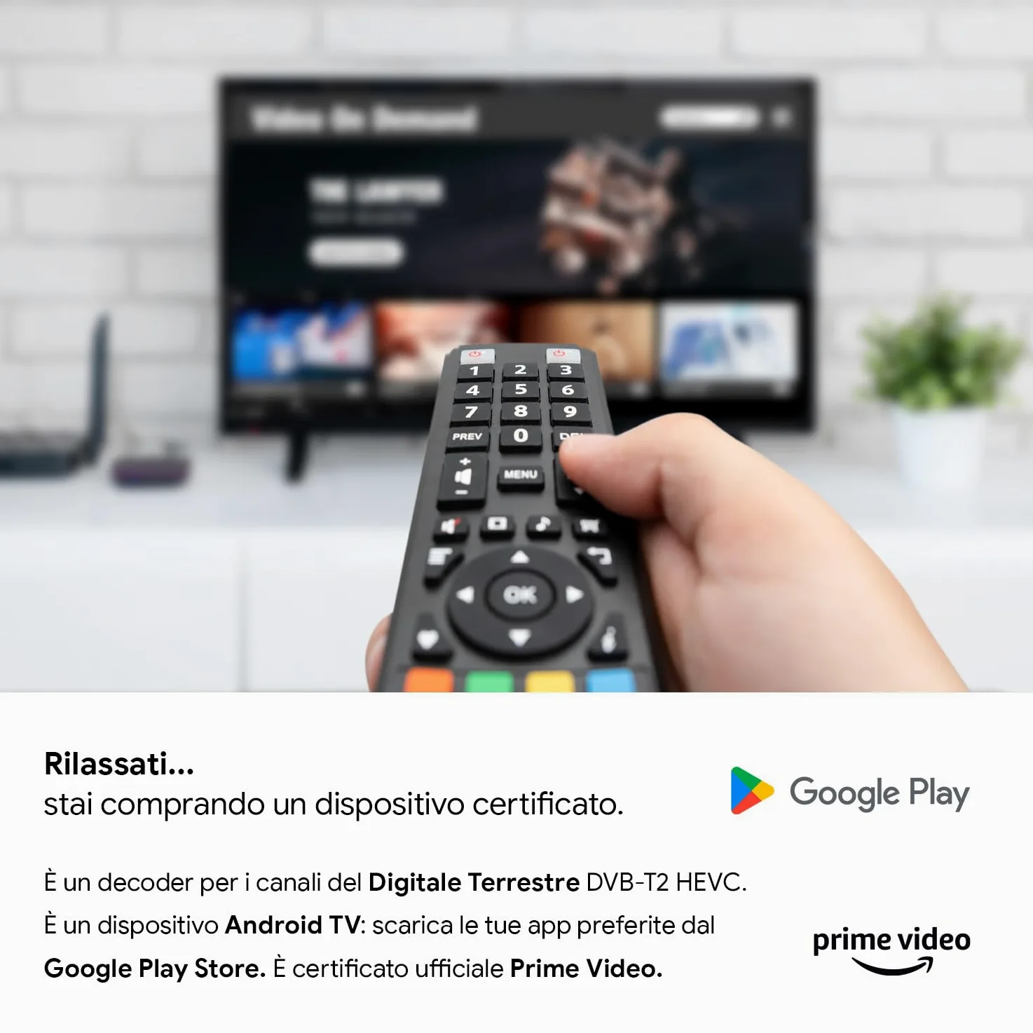 TELE System ON T2 HD: Dekoder naziemny cyfrowy Android TV, Smart TV Upgrade, Tuner DVB-T2 HEVC HDR10+HLG, HDMI, Adapter SCART w zestawie - Certyfikowany przez Google