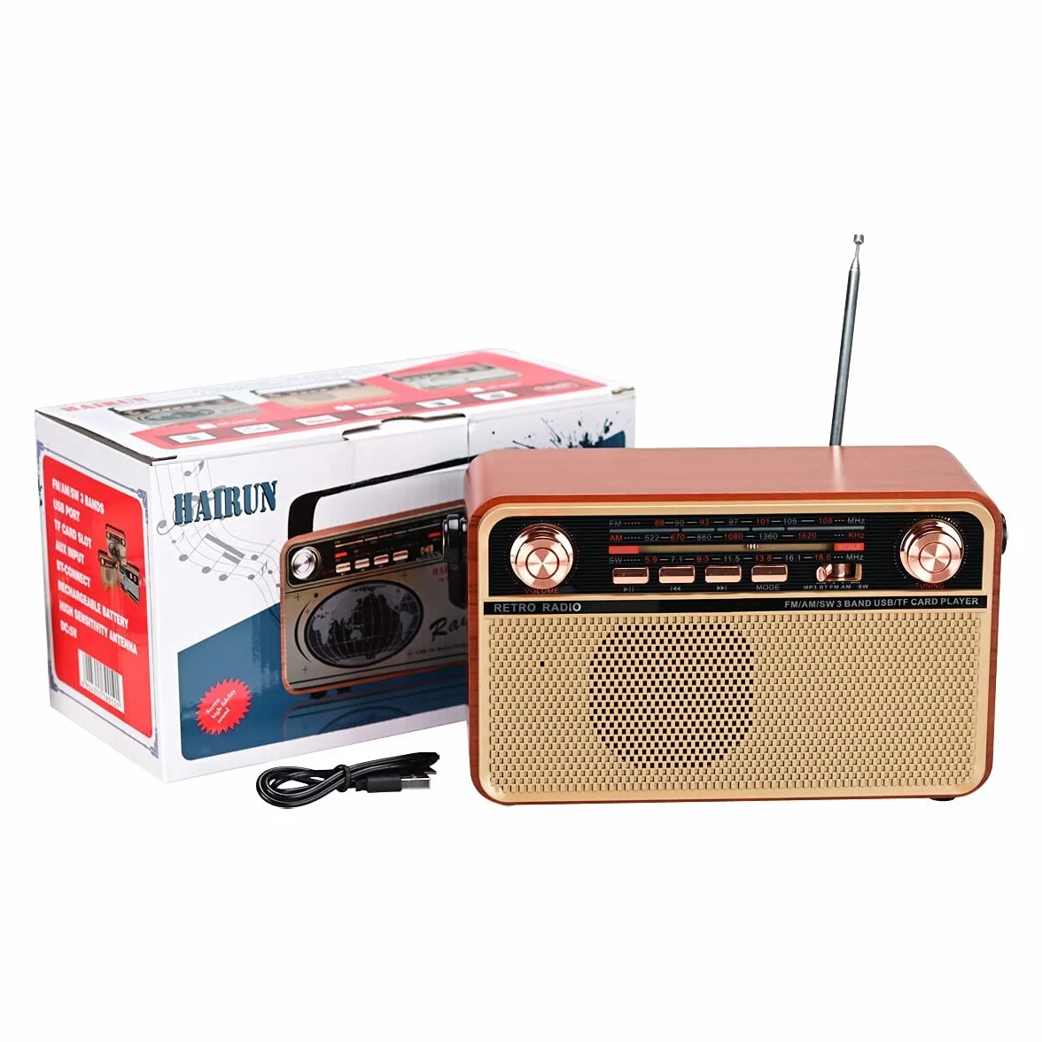 Radio retro AM/SW/FM przenośne Bluetooth USB TF AUX wbudowany głośnik brązowy