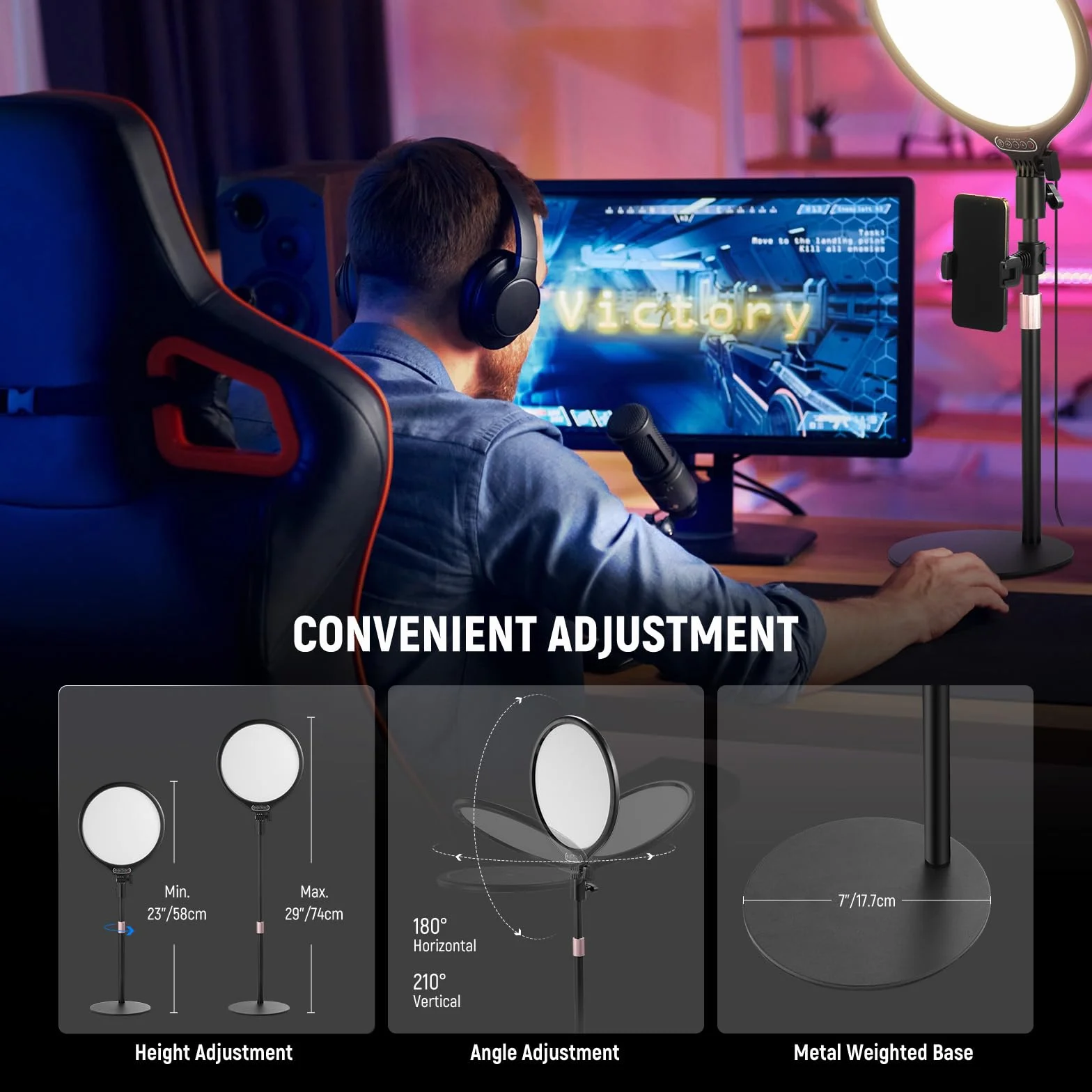 NEEWER Basics 10,5" lampka na biurko w stojak/uchwyt na telefon/timer, Full Screen 15 W przyciemniany panel LED do selfie oświetlenie do nagrywania iPhone streaming, laptopa, kamera internetowa, wideo