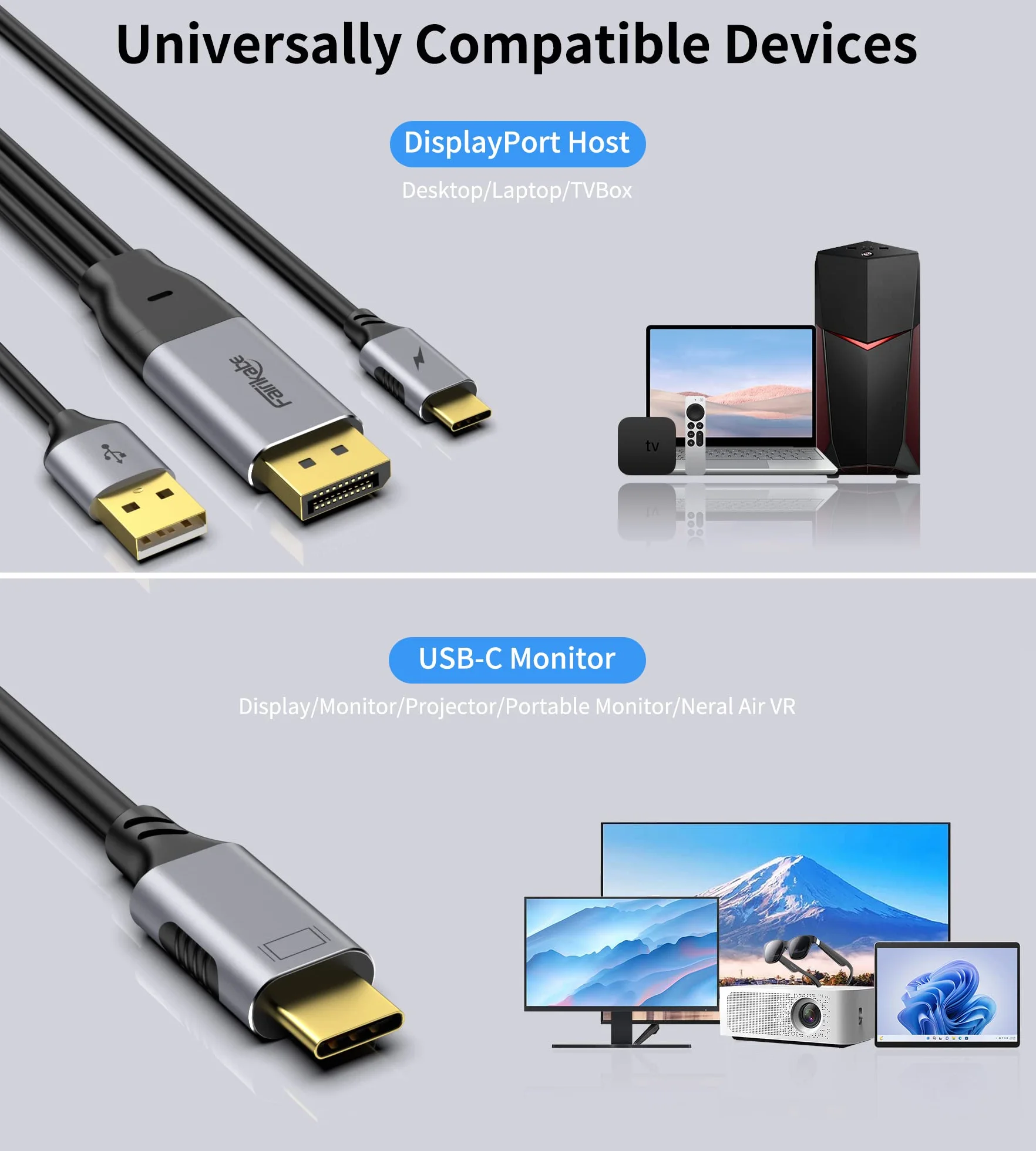 Fairikabe Kabel DisplayPort do USB-C 4K 60 Hz, Jednokierunkowy 2 m do Przenośnego Monitora Dotykowego, Szkła Nreal Air/Huawei VR, Projektora