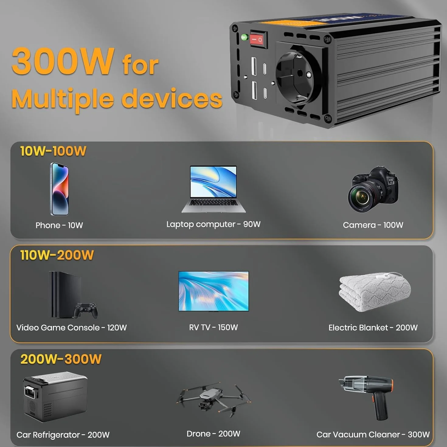 Przetwornica napięcia 300 W/600 W, czysta sinusoidalna 12 V na 230 V, falownik samochodowy Pure sine, 4 x USB i 1 x AC gniazdo wtykowe przetwornik prądu. Wtyczka do zapalniczki samochodowej