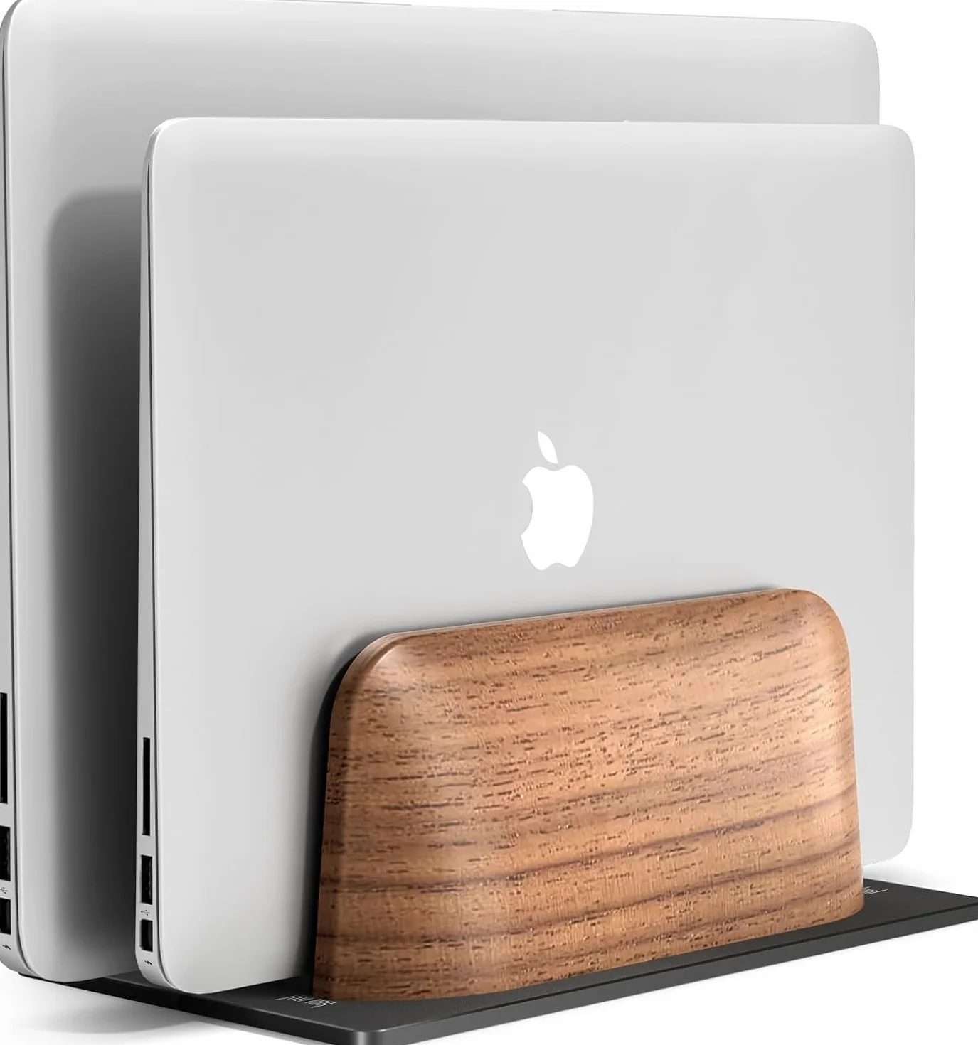Pionowa podstawka pod laptopa, podwójny uchwyt na laptopa z drewna orzechowego na biurko, naturalny drewniany i aluminiowy dok z regulacją szerokości