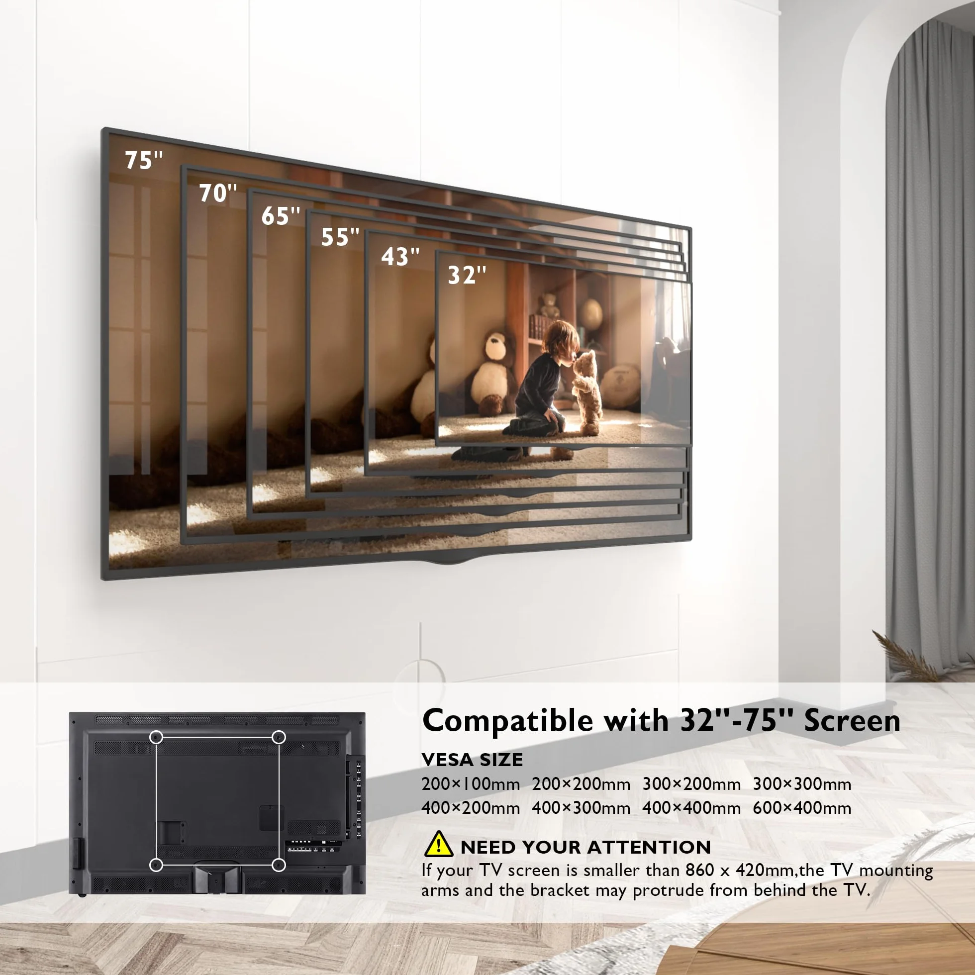 BONTEC uchwyt ścienny do telewizora 1040 mm, uniwersalny do ekranów 32–75 cali, regulowany ±90°, VESA 600x400 mm, 60 kg