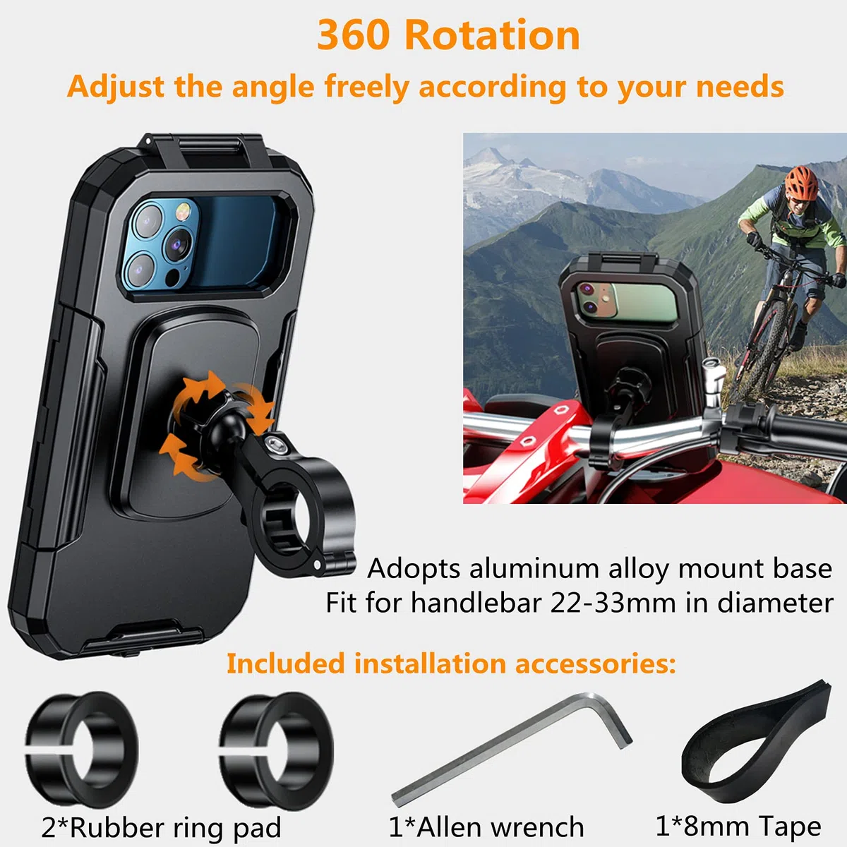 Kewig Wodoodporny uchwyt na telefon rowerowy na kierownicę na telefon komórkowy do motocykla roweru odporny na wstrząsy obrót o 360 stopni uchwyt na telefon motocyklowy z ekranem dotykowym TPU pasuje