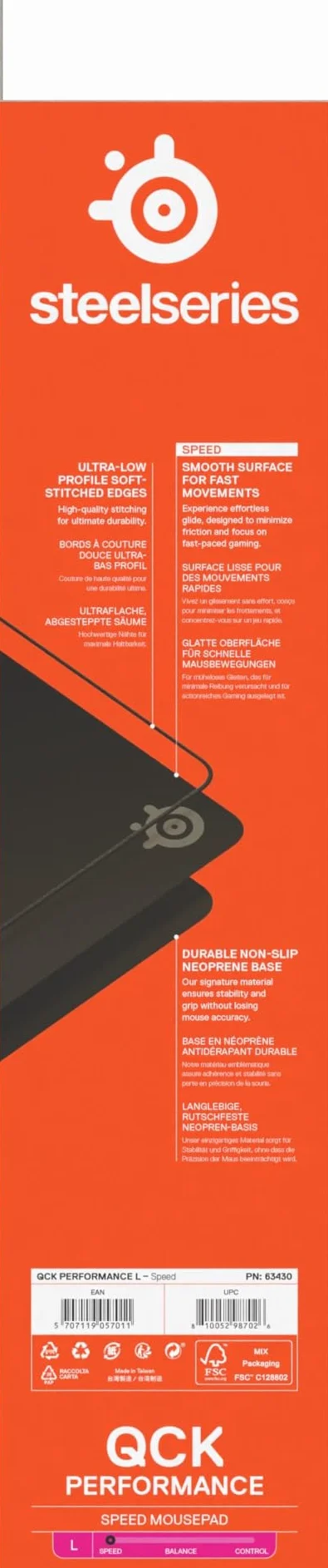 SteelSeries, podkładka QcK L Performance Speed - Dodatkowa gęstość dająca poślizg - Niskoprofilowe przeszycia krawędzi - Antypoślizgowa podstawa z neoprenu - Rozm. 490 x 420 mm - FPS, MOBA, RTS, MMO