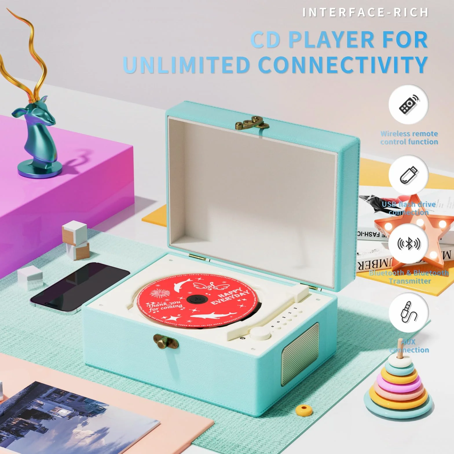Yintiny Blue Time Music Box odtwarzacz CD z głośnikami do dekoracji domu
