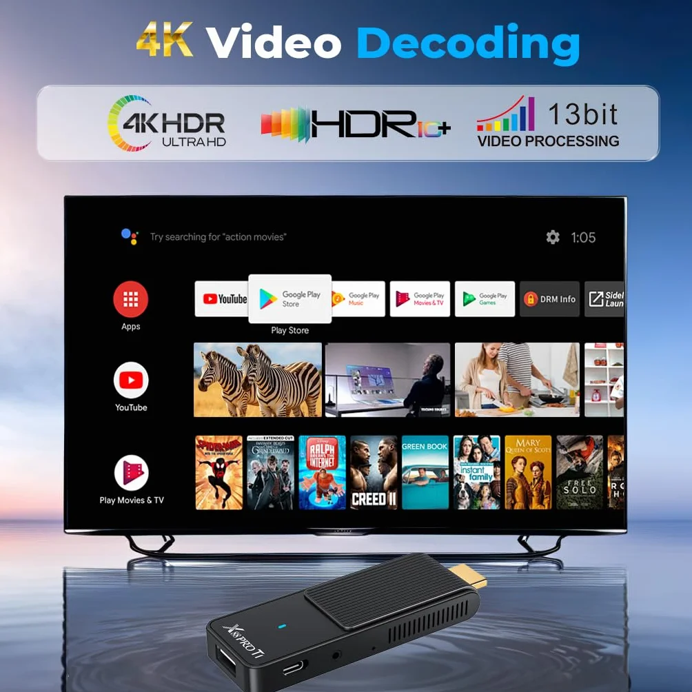 GREVA Android TV Stick 4K Ultra HD urządzenie do strumieniowego przesyłania strumieniowego, system Android 14.0, 2 GB 16 GB HDR/AV1/2,4G/5G WiFi/BT 5.0, 3D HD Smart Box Streaming Media Player z