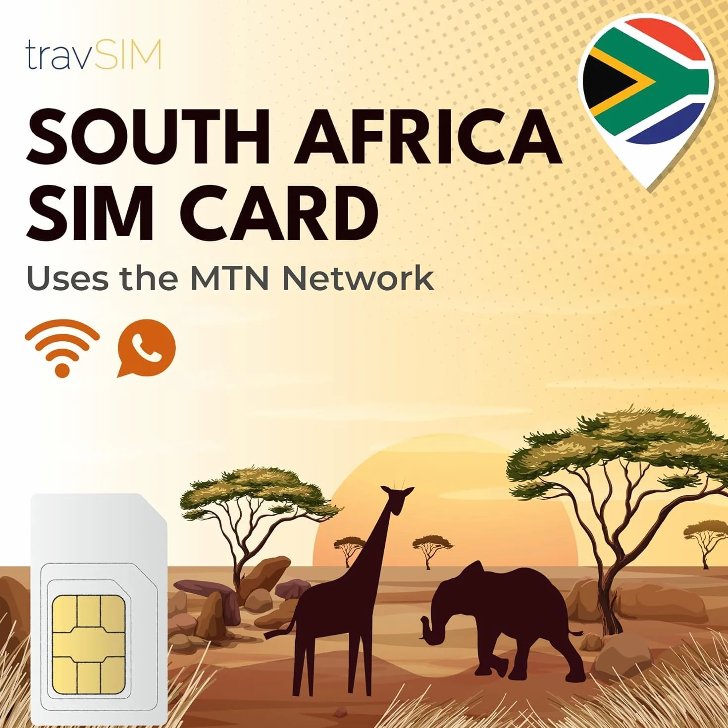 Karta SIM travSIM dla Republiki Południowej Afryki | Wykorzystuje sieć MTN | 100 GB danych mobilnych z prędkością 4G | Hotspot do 3 urządzeń | Ważny przez 30 dni