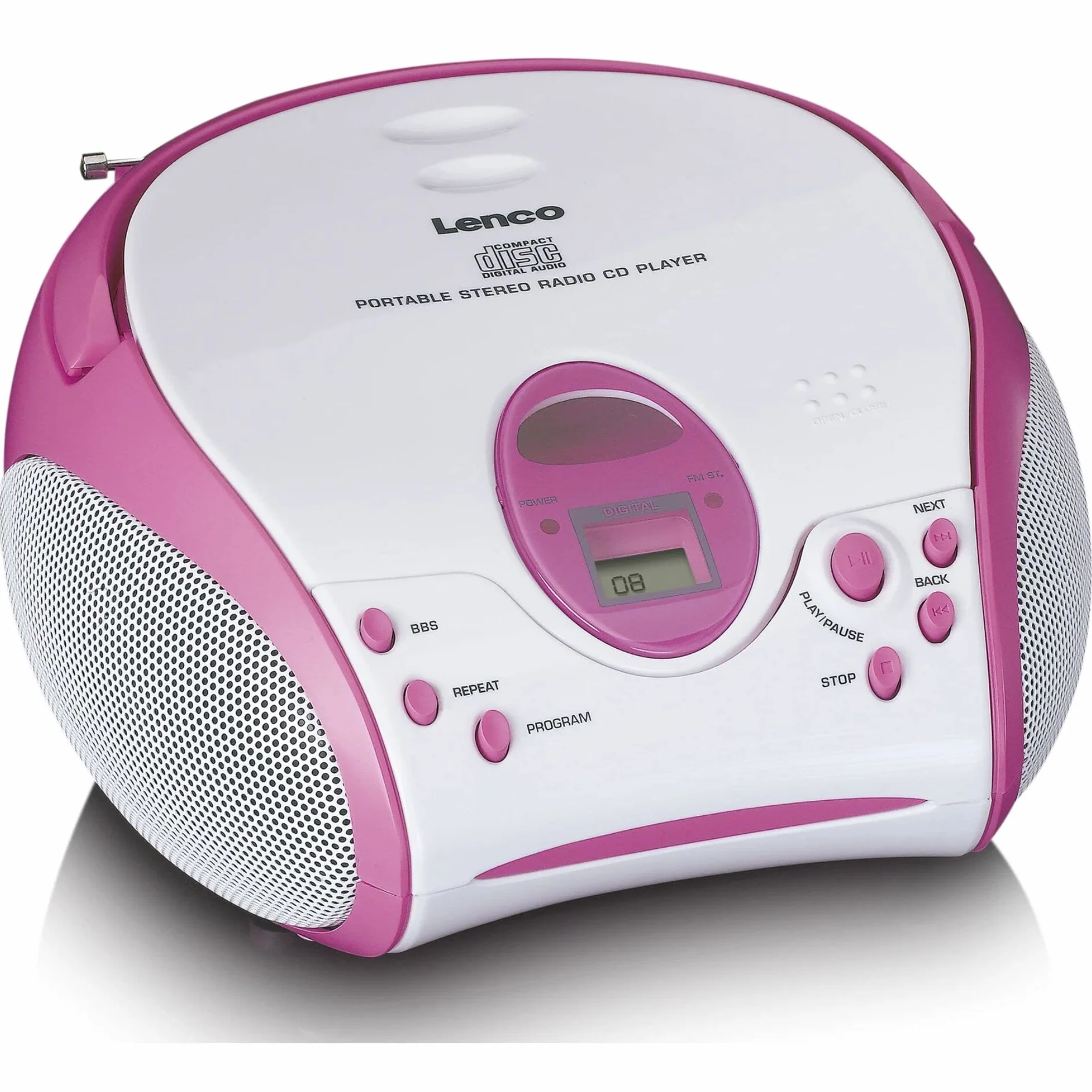 Lenco SCD-24 Kids - odtwarzacz CD dla dzieci - radio CD - z naklejkami - Boombox - tuner radiowy UKW - pamięć utworów - 2 x 1,5 W moc RMS - zasilanie sieciowe i bateryjne - różowy
