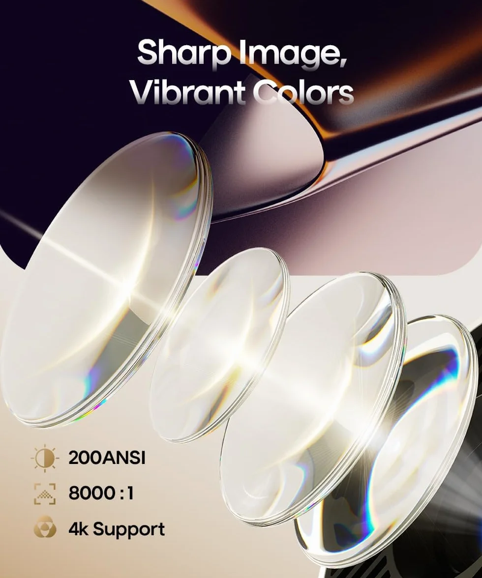 Mini Projektor z Obsługą 4K, Przenośny Projektor z Systemem, Wi-Fi 6 i BT 5.4, Automatyczna Pionowa Korekcja Trapezu, Inteligentny Projektor 1080P do Kina Domowego/Projektor Zewnętrzny