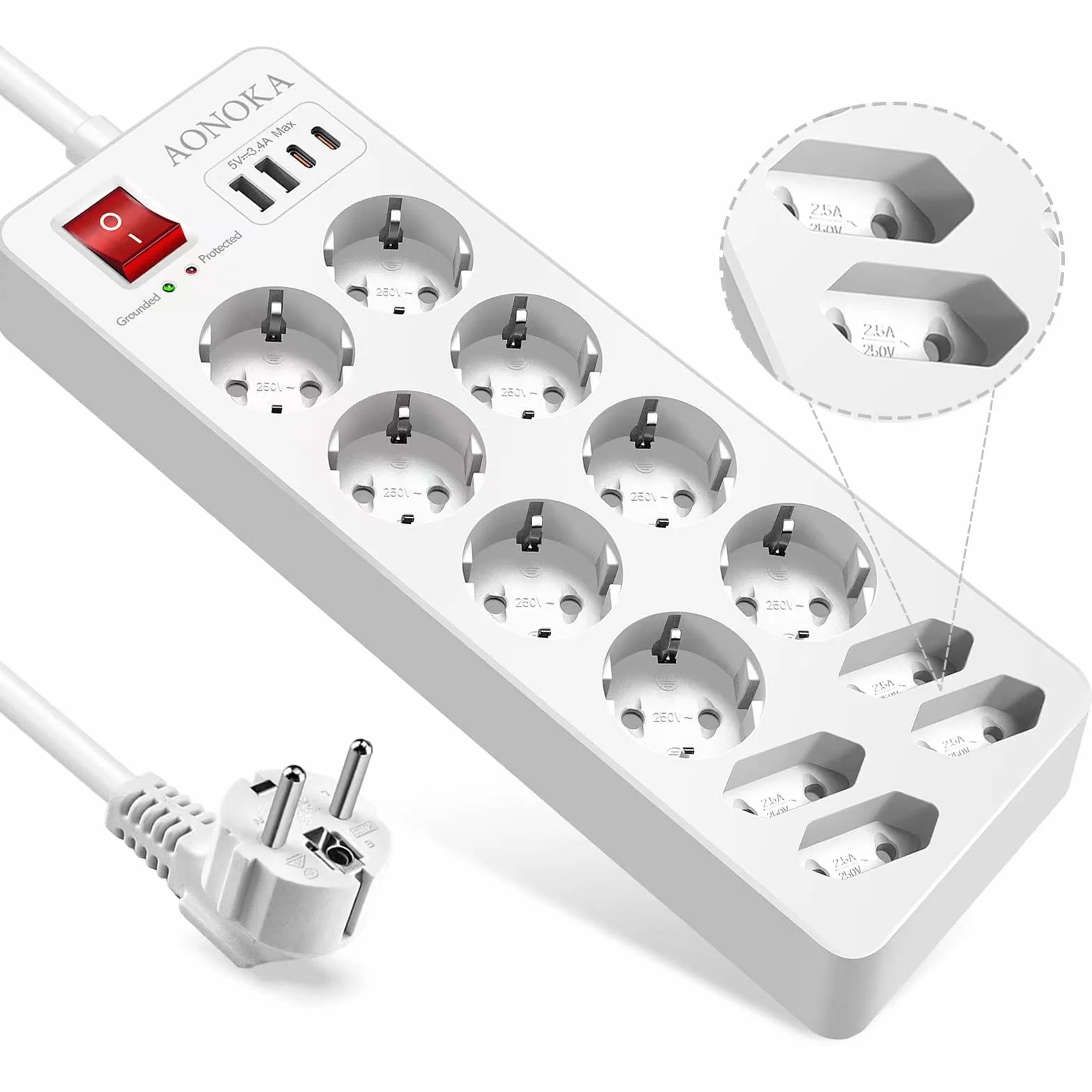 Listwa Zasilająca z USB C 12 Gniazd Przeciwprzepięciowa 1700 Dżuli 4 USB Wyłącznik 1,5M Biała