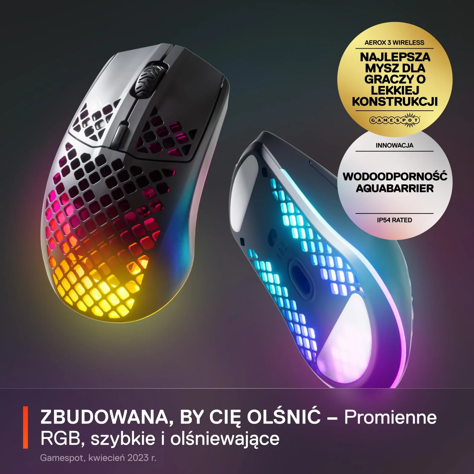 SteelSeries Aerox 3 Wireless Mysz RGB Ultralekka Wodoodporna Sensor TrueMove Air 18K DPI Onyx