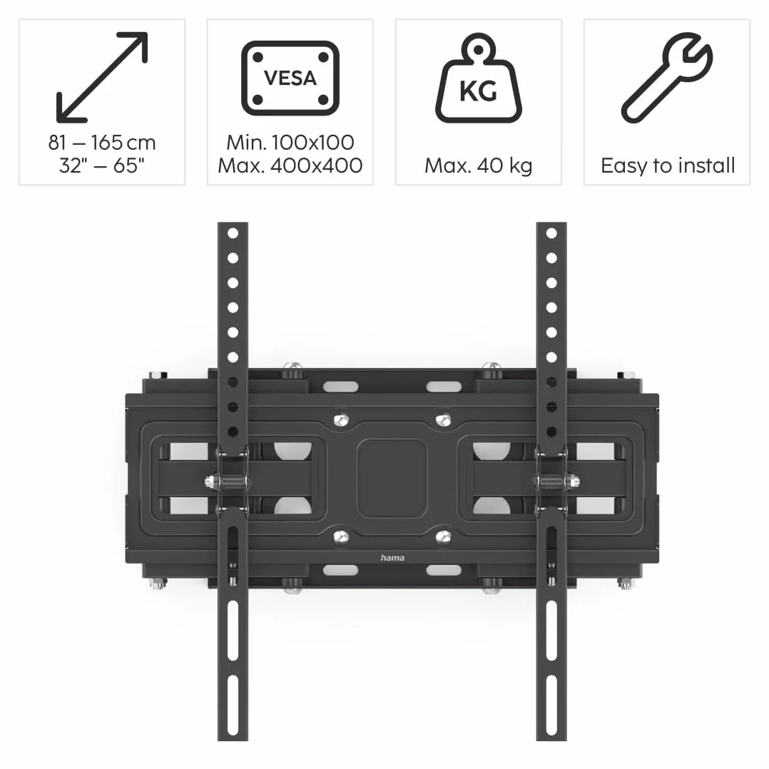 Hama Uchwyt ścienny do telewizora 65" VESA 400x400 obracany 160 stopni stalowy 40 kg czarny