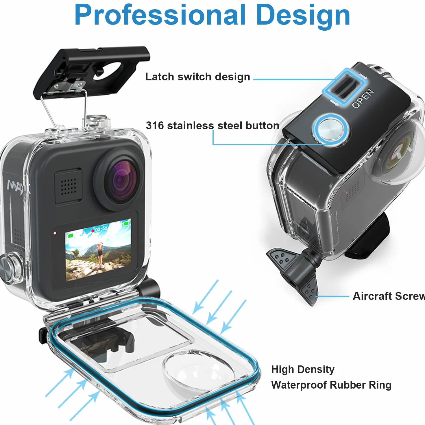 FitStill Wodoszczelny pokrowiec do Go Pro Max, pyłoszczelny i wodoszczelny pokrowiec ochronny, ekran dotykowy, obudowa do nurkowania pod wodą, z akcesoriami do stojaka, nadaje się do kamery sportowej