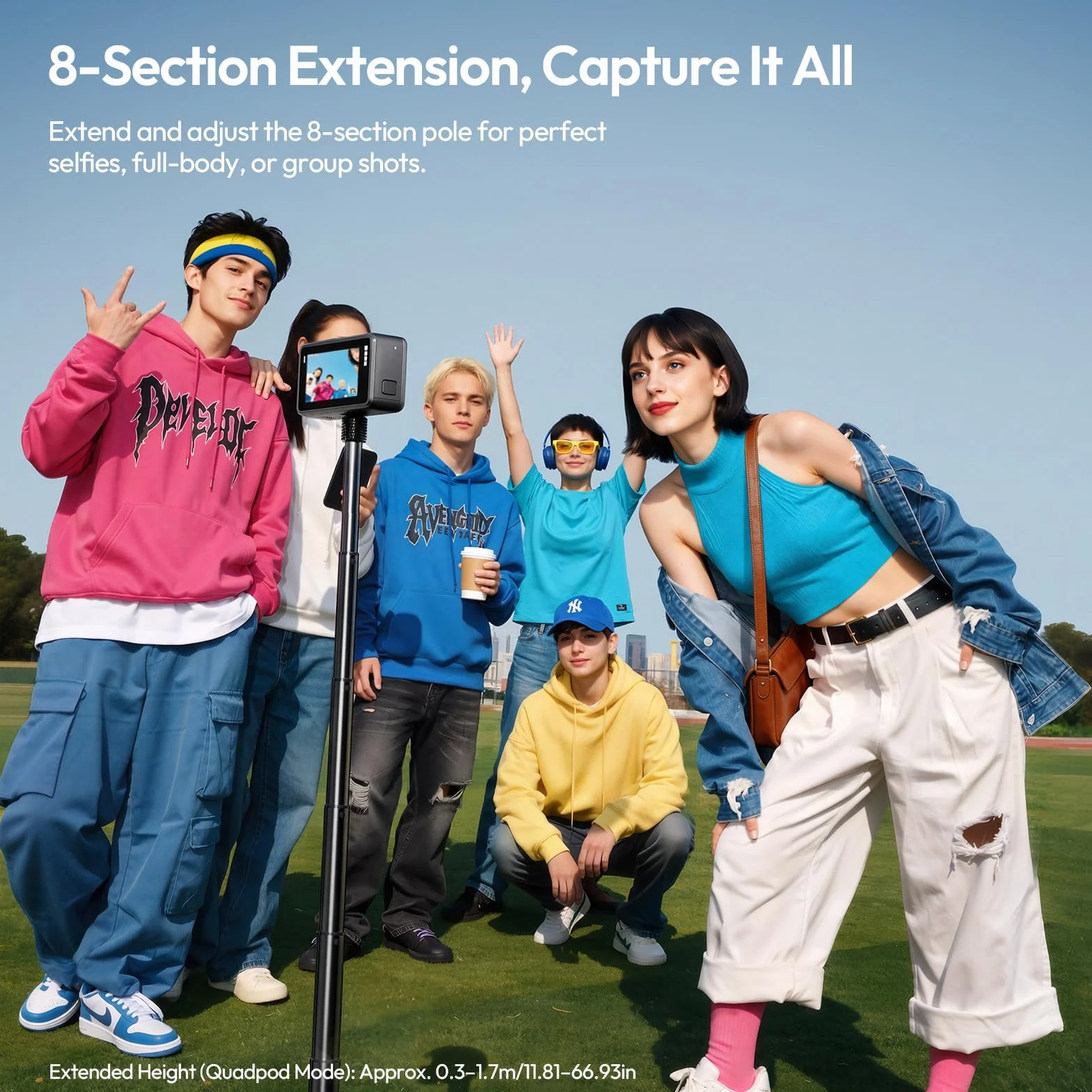 ULANZI TT91 Niewidoczny Statyw-Selfie Stick, automatyczne rozkładanie i magnetyczne zamykanie, 4 nogi, 2 w 1, 8-sekcyjny wysuw do 166 cm, uchwyt 1/4" do Insta360 X5/X4/X3/DJI Osmo 360
