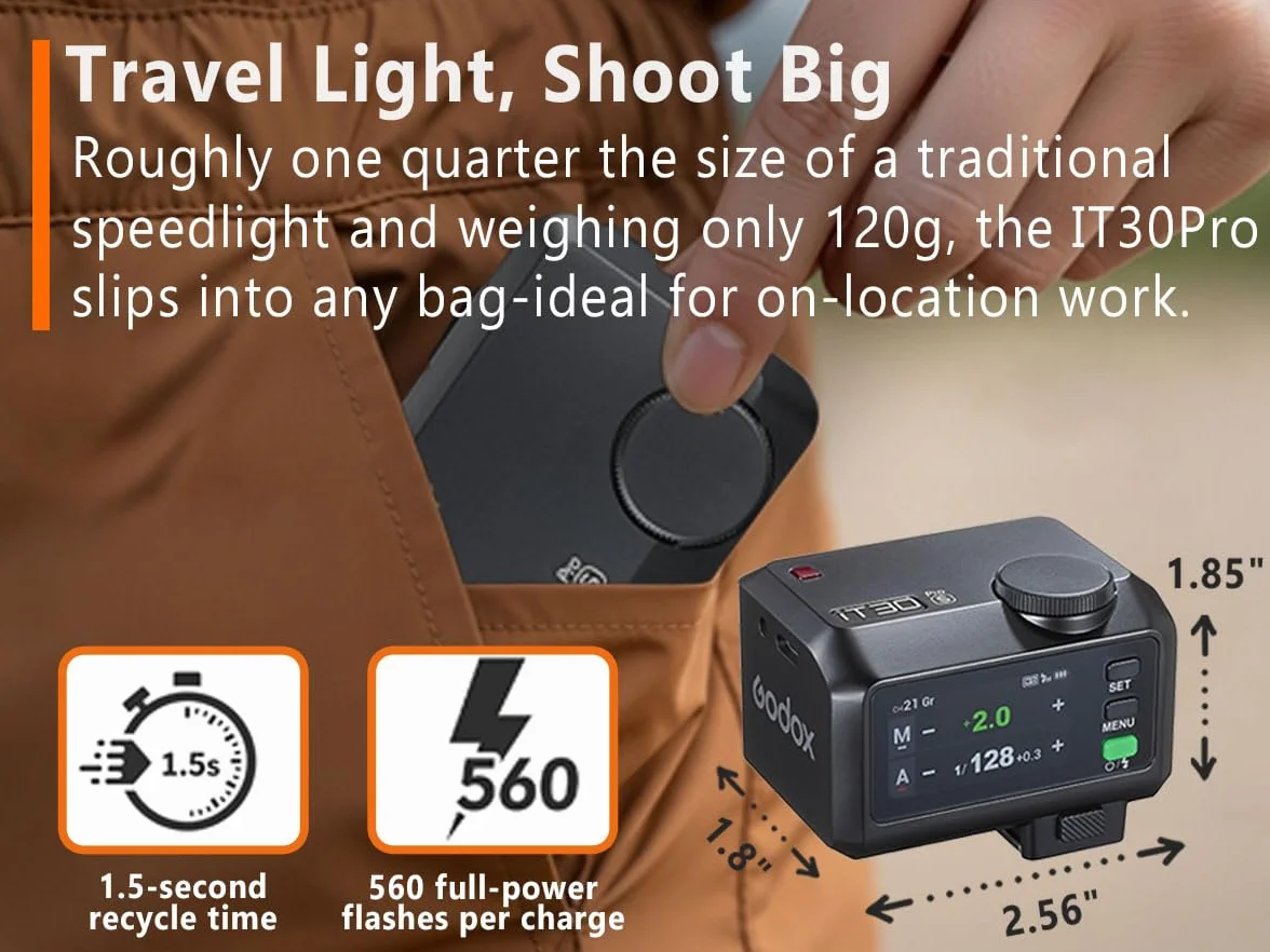 Godox iT30Pro S TTL Mini lampa błyskowa, iT30 Pro S bezprzewodowa lampa błyskowa 2.4G HSS 1/8000 s TTL, z ekranem dotykowym i USB-C, kompatybilna z Sony a6000, A9, A7R, A7RII, A7RM3, A7RIII itp.