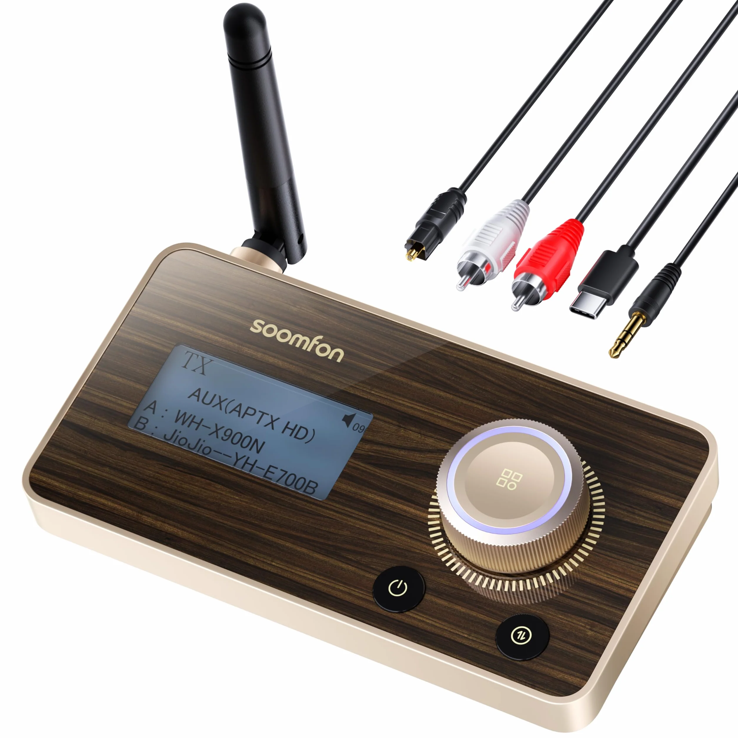 SOOMFON Bluetooth 5.2 nadajnik odbiornik aptX HD podwójny link audio adapter TV do słuchawek stereo optyczny AUX RCA