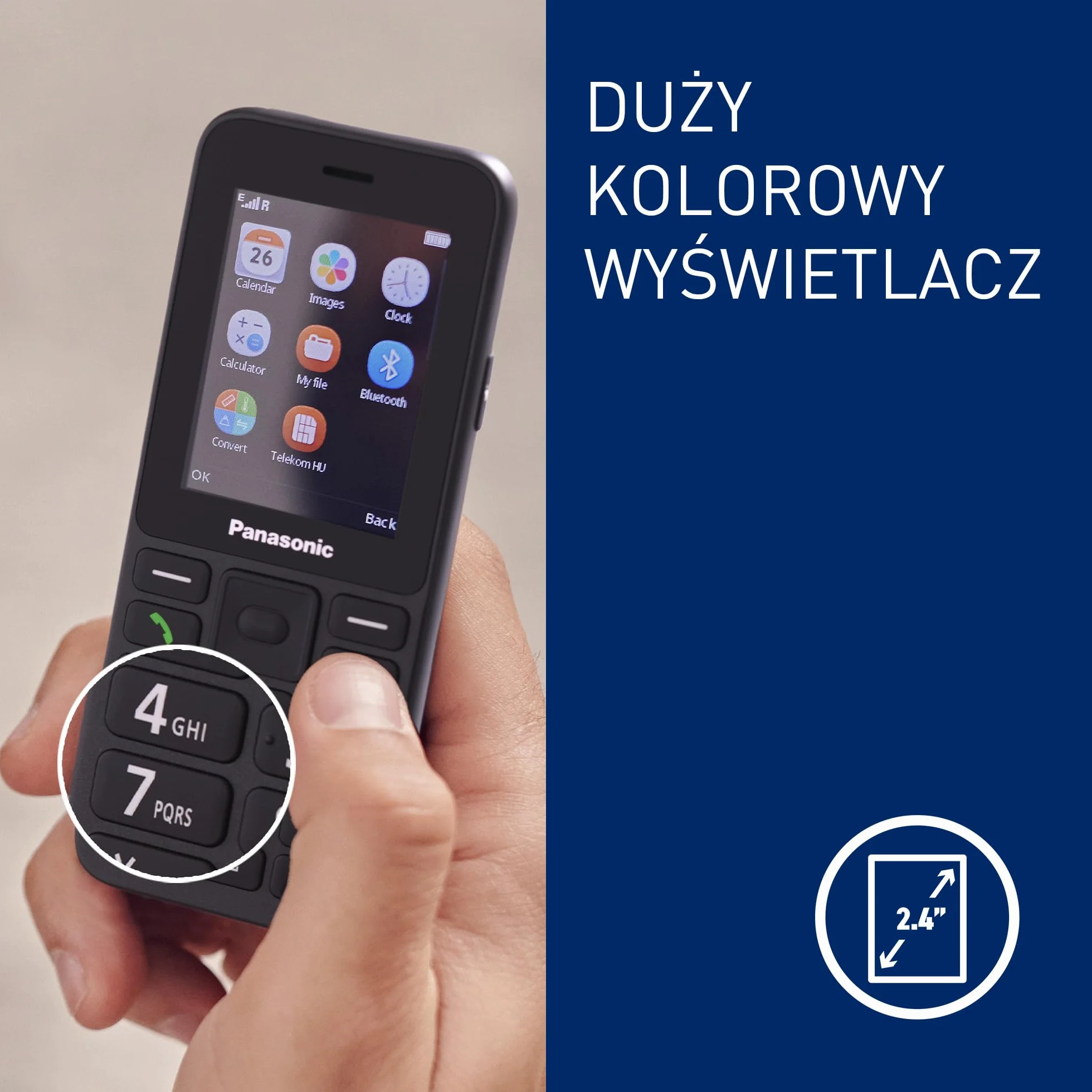 Panasonic KX-TU260EXB Telefon komórkowy 4G duże przyciski IP44 USB C czas rozmowy 7,5h ekran 2,4 cala czarny
