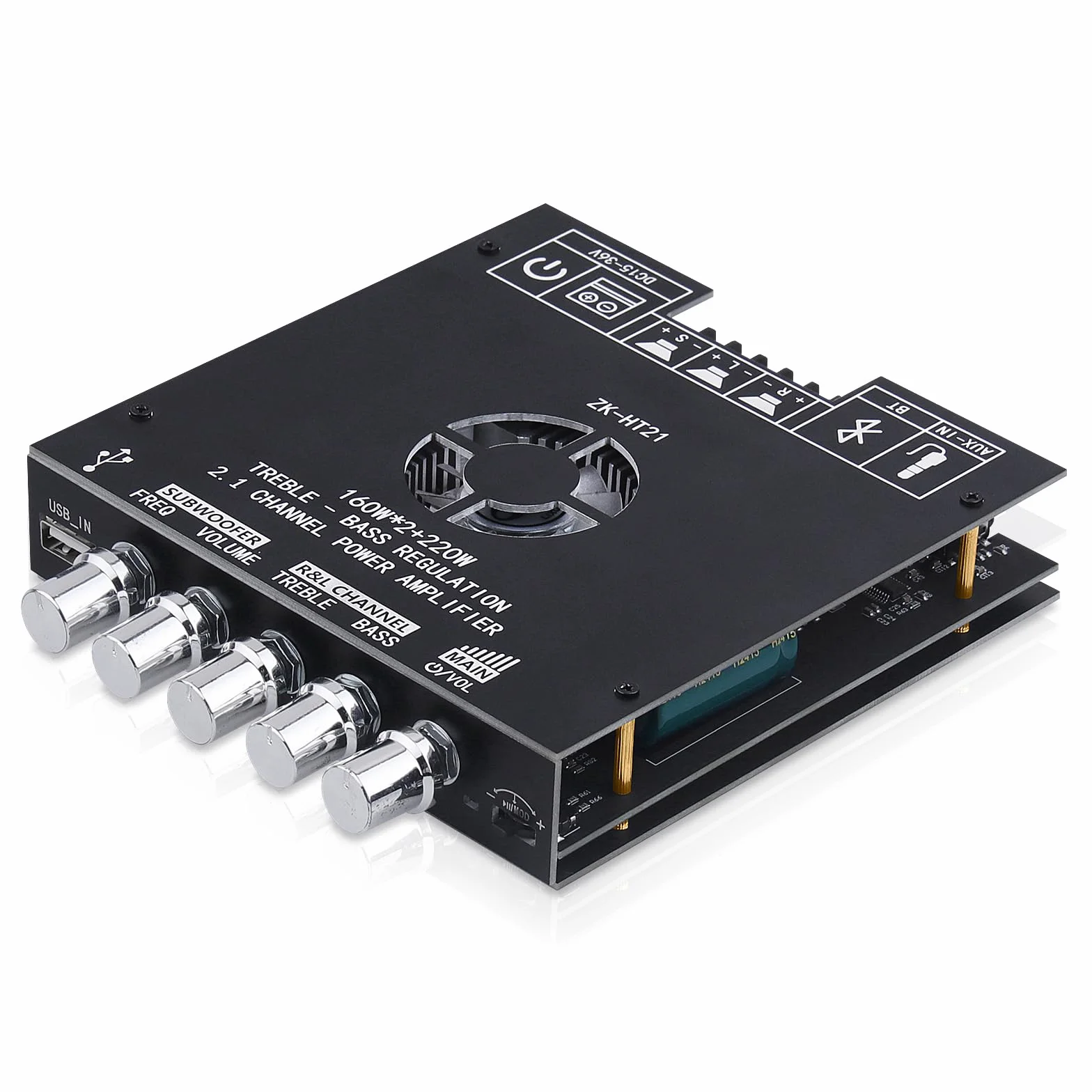 Hi-Fi Verst?rker z Bluetooth, ZK-HT21 2.1 kanał 160 W x 2+220 W subwoofer Stereo Audio Power Amplifier Receiver moduł z wejściem BT/USB/AUX, chipy TDA7498E, DC 15-36 V