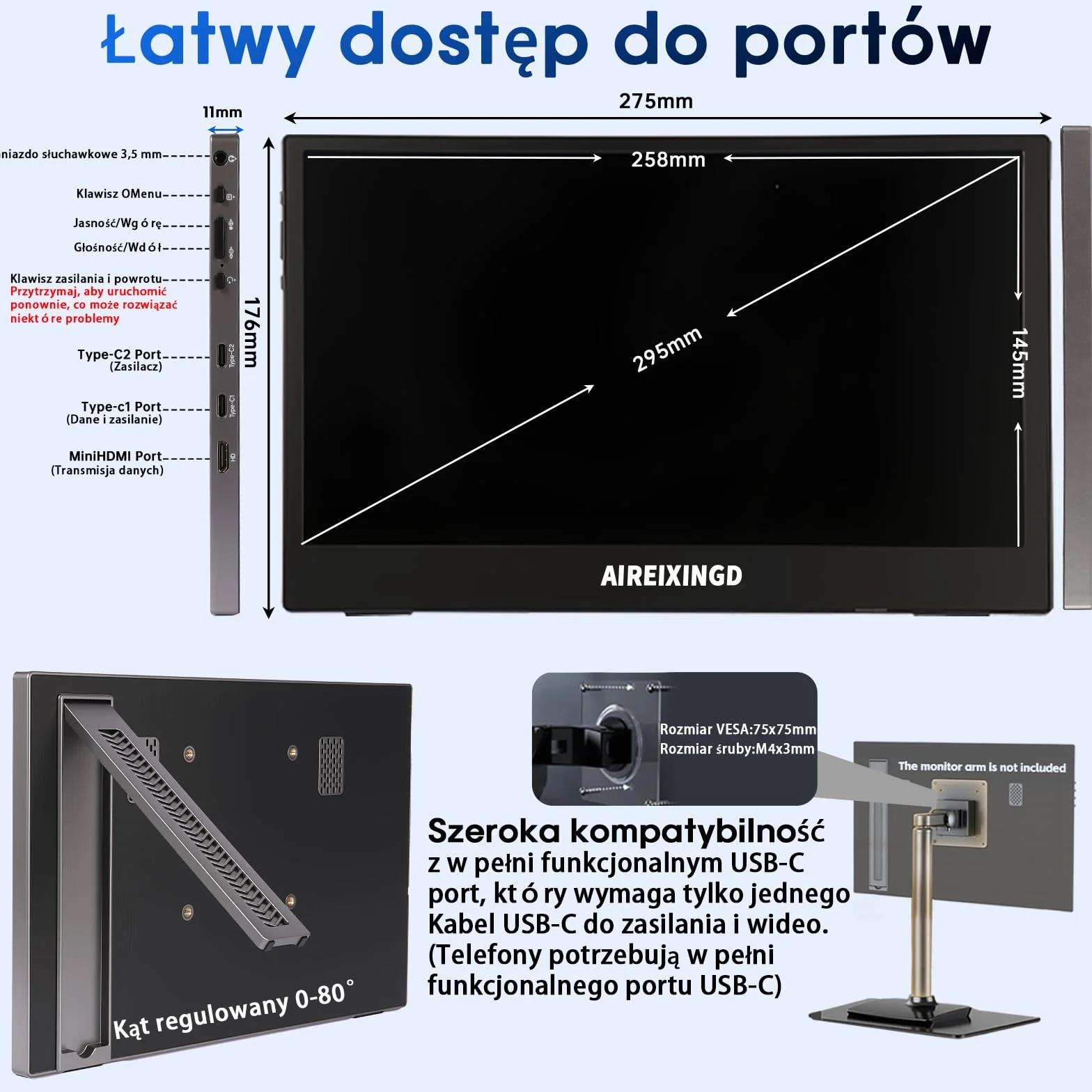 Przenośny monitor, 11,6" 1920×1080 FHD IPS przenośny ekran do laptopa ze stojakiem,montaż VESA, drugi ekran do laptopa/PC/Mac/PS5/Xbox - złącze USB C i HDMI [Klasa energetyczna A]