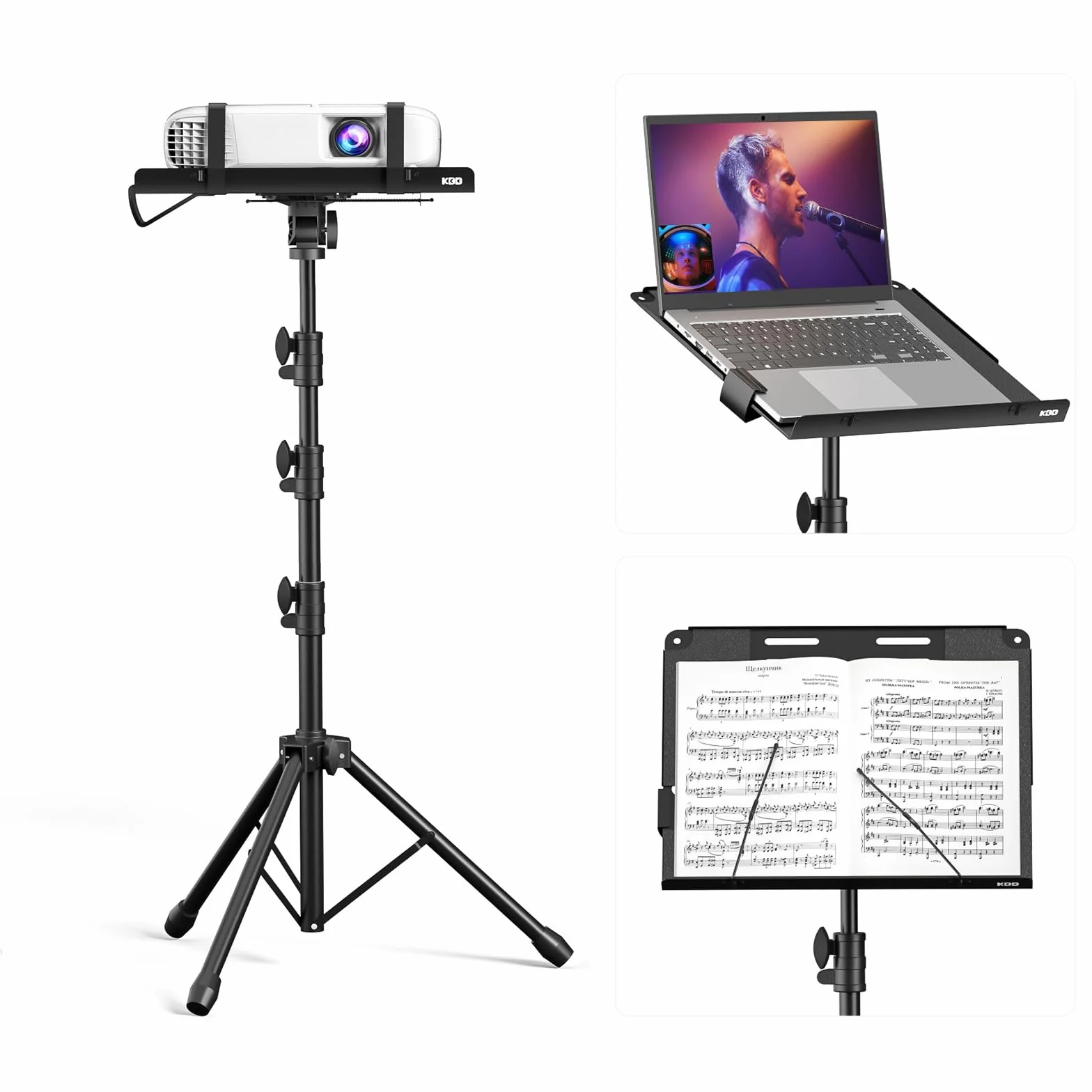 Statyw do Projektora KDD - Statyw Muzyczny 4 w 1 ze Sprężynowym Ramieniem Składany Stojak Podłogowy na Laptopa, Uchwyt na Tablet z Przesuwaną Dźwignią, Regulowana Wysokość od 23" do 63" i Obrót o 180°