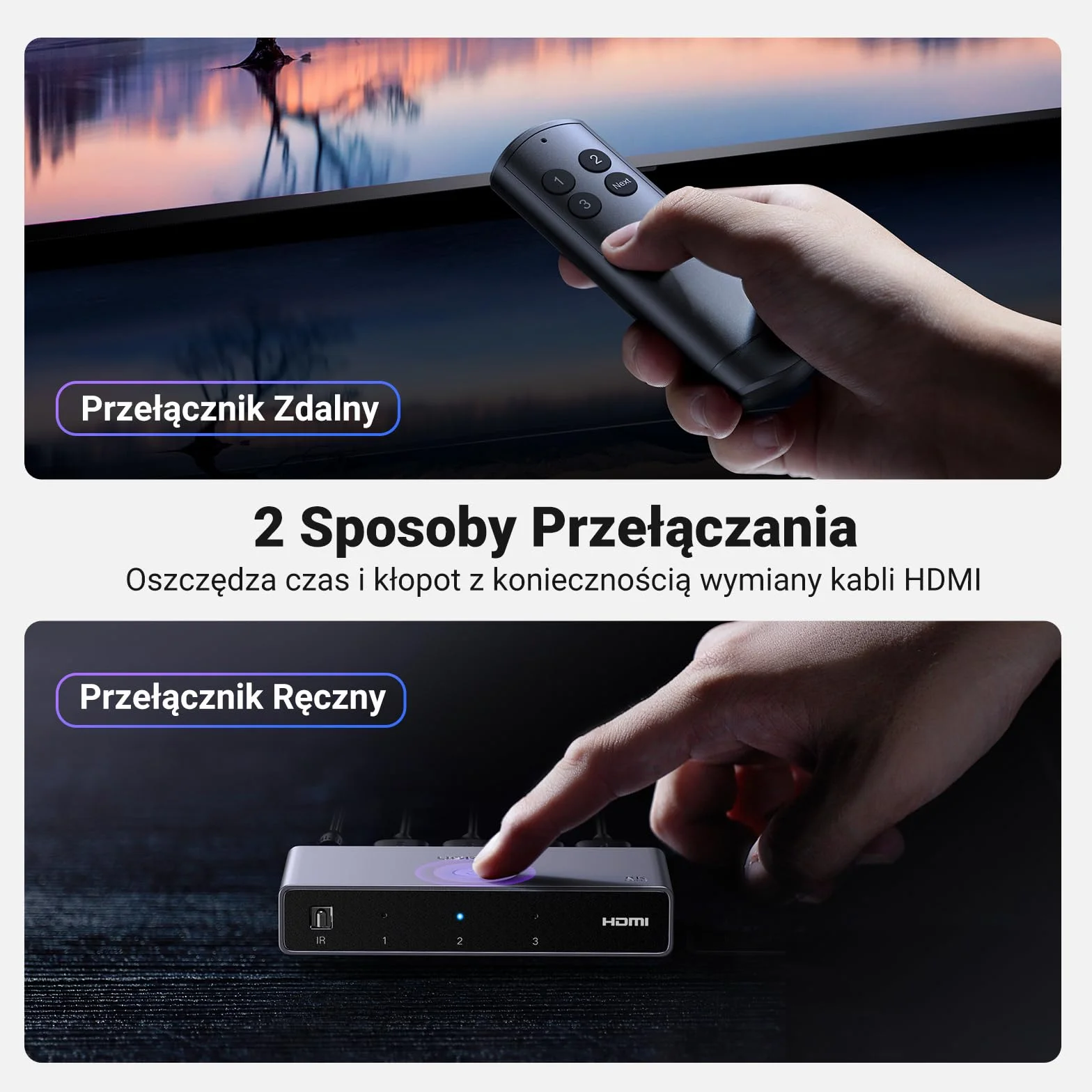 UGREEN Przełącznik HDMI 2.1, rozdzielacz HDMI 4K przy 120 Hz, wyjście 3 w 1, 8K przy 60 Hz, obsługa HDCP 2.3, VRR i ALLM, Dolby Vision i Atmos, wysoka prędkość 48 Gb/s dla PS5, Xbox, TV Box