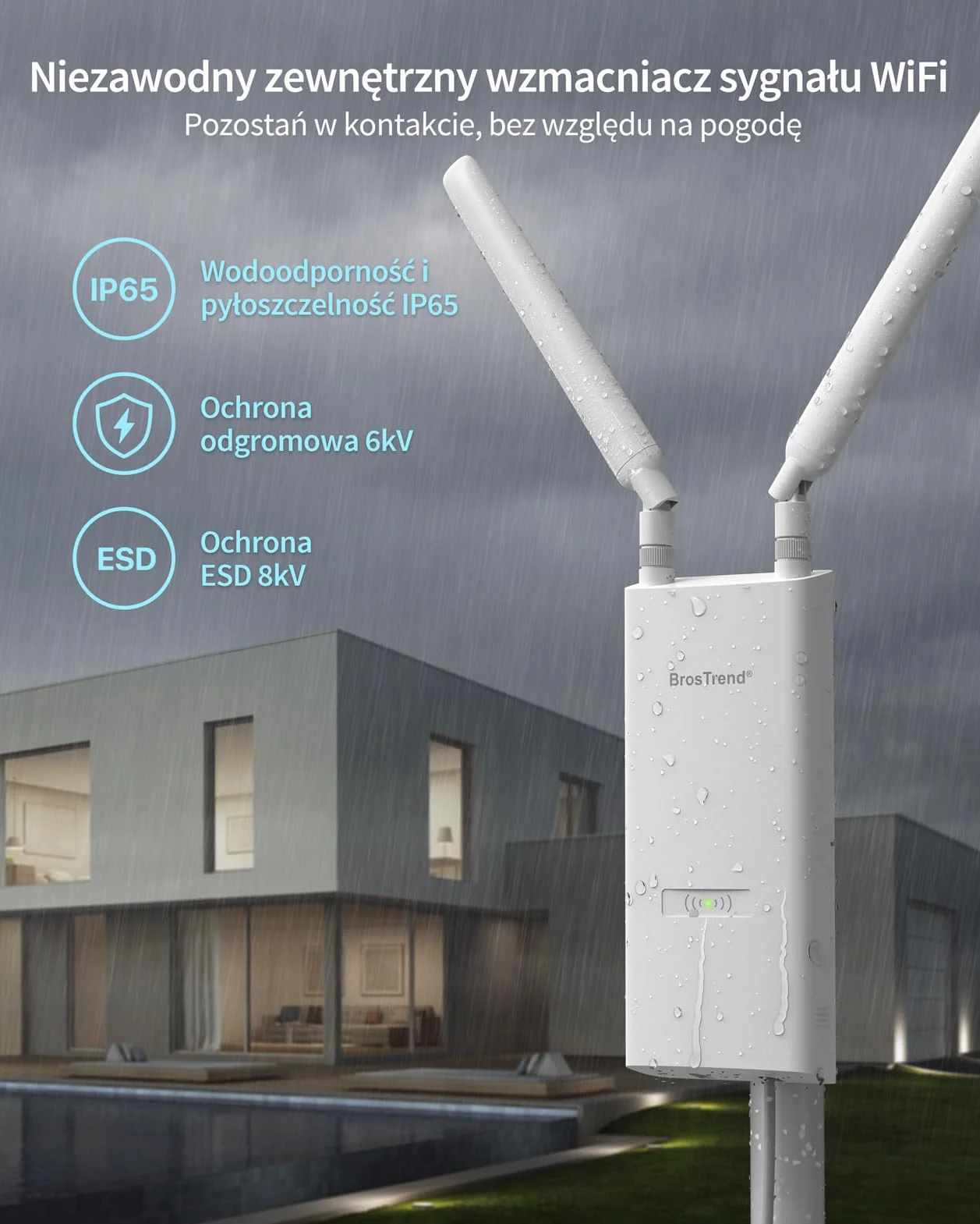 BrosTrend AC1200 Zewnętrzny wzmacniacz sygnału WiFi o dużym zasięgu, dwupasmowy 5 GHz + 2,4 GHz, wodoodporny wzmacniacz sygnału gigabitowego IP65, zasilany przez PoE, z pasywnym wtryskiwaczem PoE