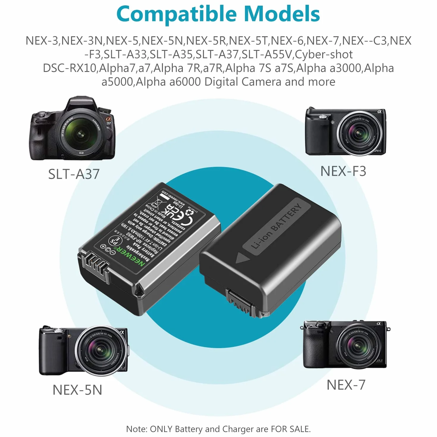 NEEWER NP-FW50 Ładowarka do aparatu Zestaw do Sony ZV-E10 A7 A7R A7RII A7II A7SII A7S RX10 Series (2 szt. 1100 mAh Micro USB Wymienne baterie i podwójne wejście typu C ładowarka)