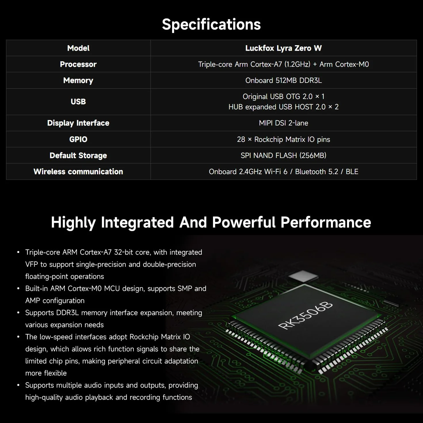 Waveshare Luck-Fox Lyra Zero W Micro Linux Development Board Based On RK3506B Chip, Integrated with Triple-core Arm Cortex-A7 and Arm Cortex-M0 Processors