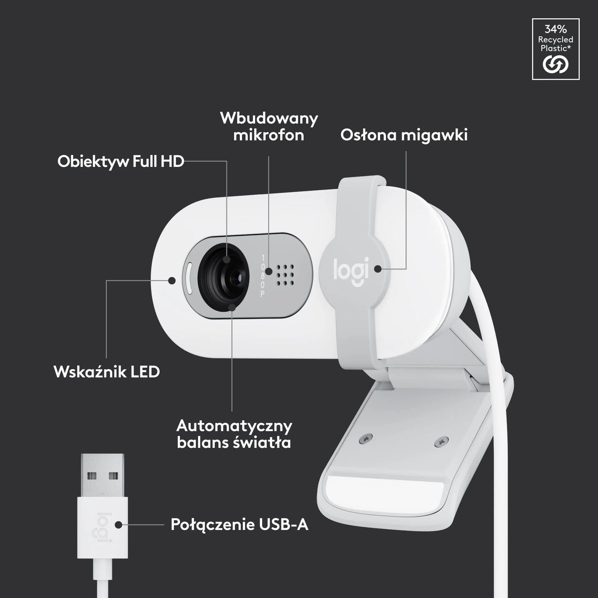 Logitech Brio 100 Full HD Kamera do spotkań i streamowania, automatyczny balans światła, wbudowany mikrofon, osłona migawki, USB-A, do Microsoft Teams, Google Meet, Zoom i innych - Biały