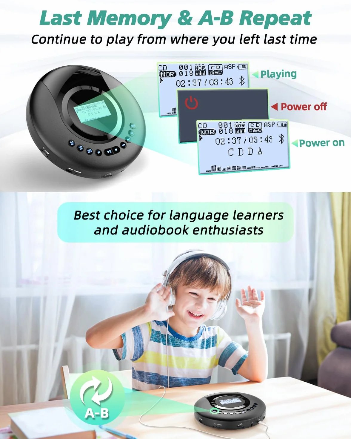 Arafuna Discman przenośny odtwarzacz CD, radio DAB+/FM, Bluetooth, wbudowana bateria 2000 mAh, czarny
