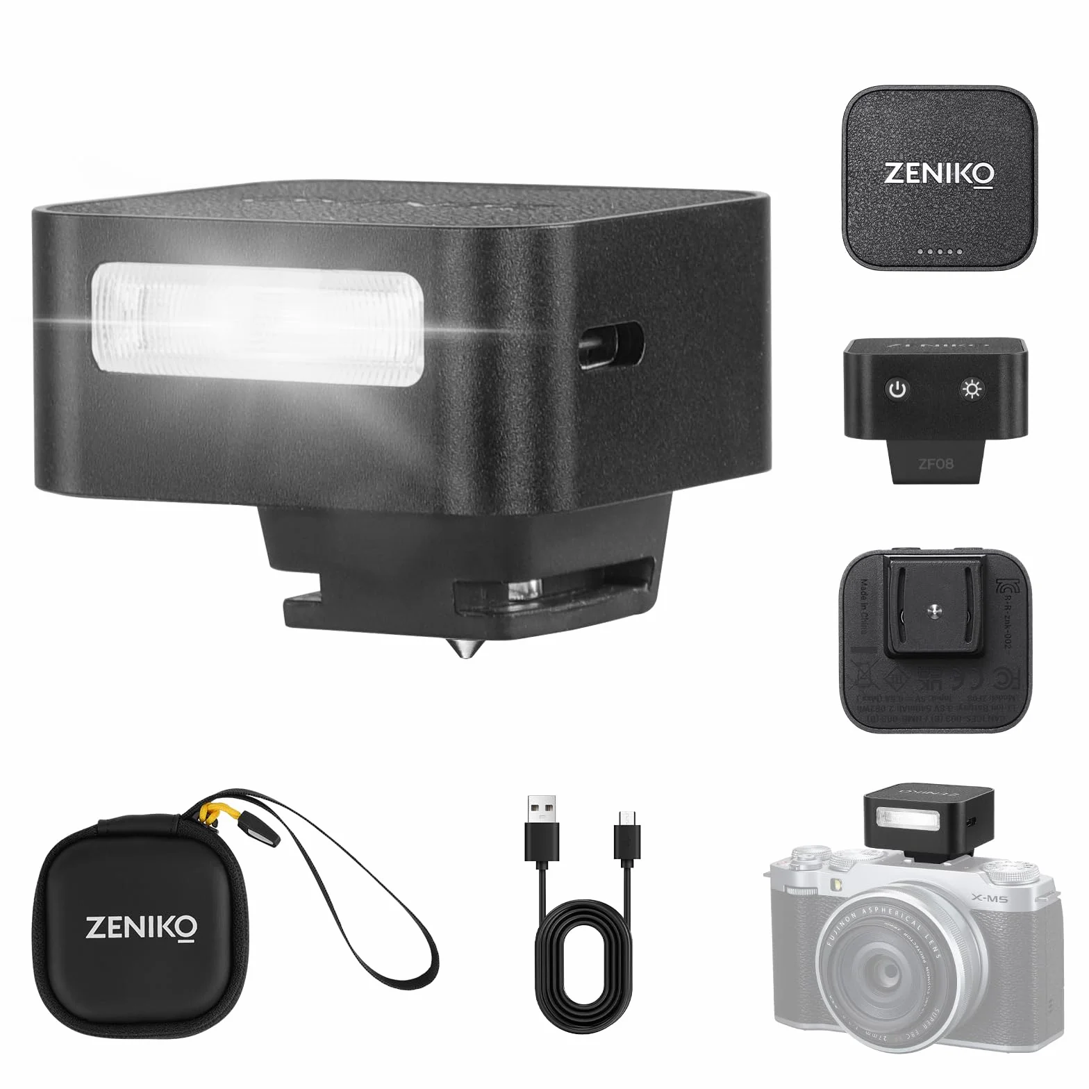 Zeniko ZF08 mini błyskowa GN16,5 6500K 7 poziomów mocy Hot-Shoe-Mount czarna